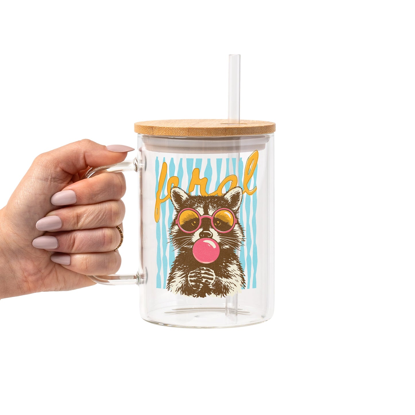 Retro Raccoon Glass Cup, Mug & Tumbler with Lid and Straw