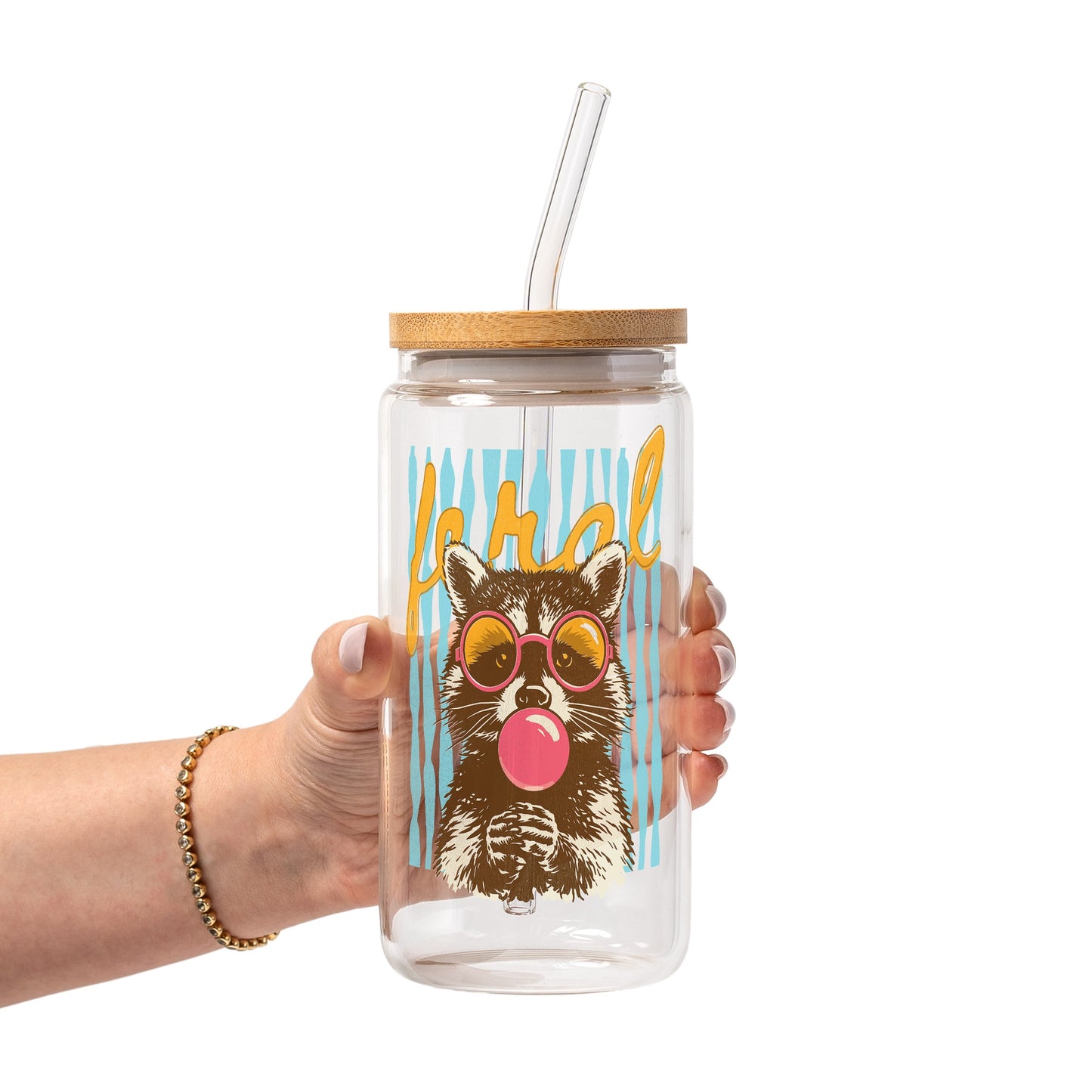 Retro Raccoon Glass Cup, Mug & Tumbler with Lid and Straw