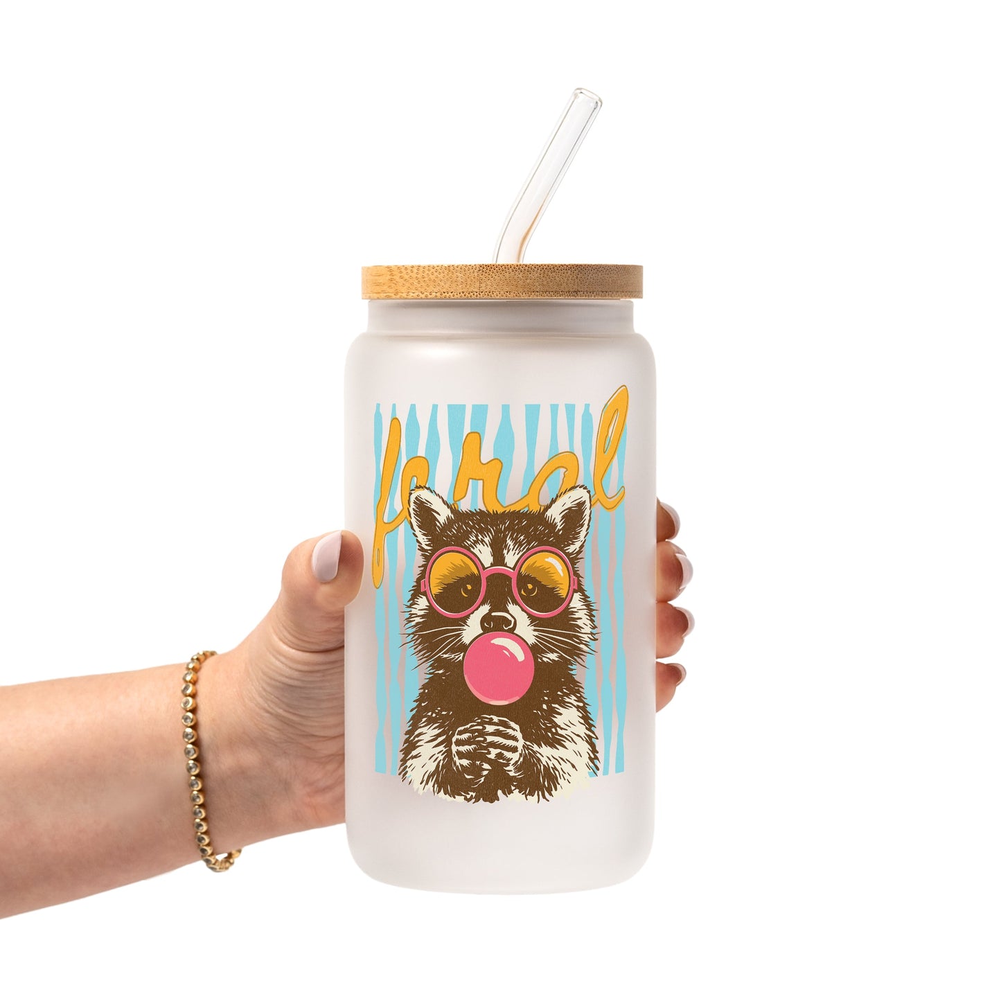 Retro Raccoon Glass Cup, Mug & Tumbler with Lid and Straw