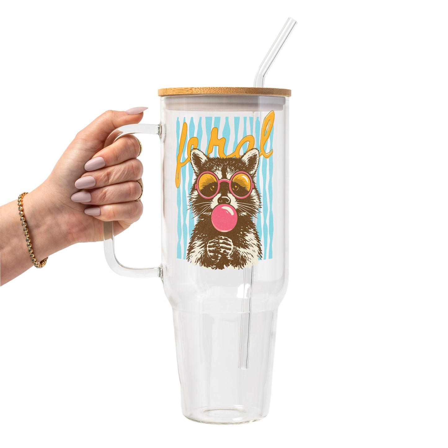 Retro Raccoon Glass Cup, Mug & Tumbler with Lid and Straw