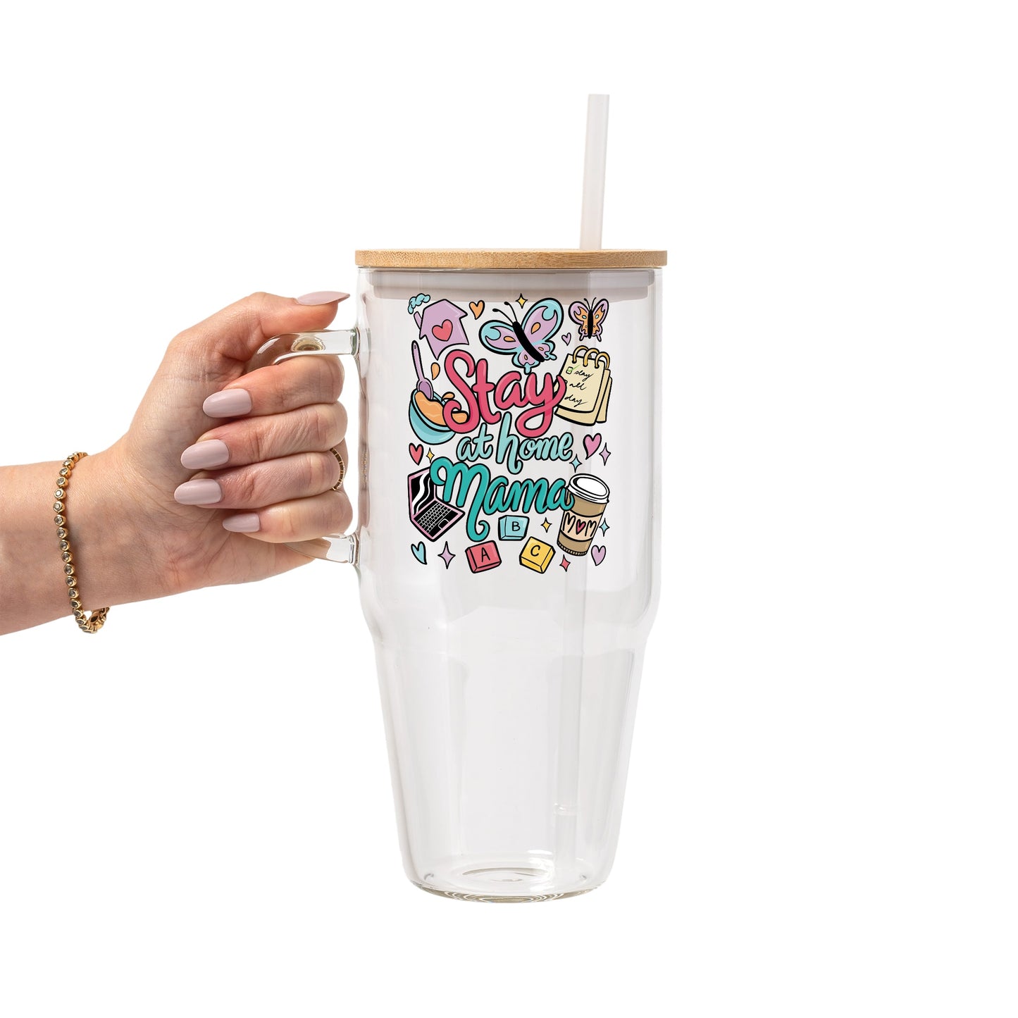 Stay At Home Mama Glass Cup, Mug & Tumbler with Lid and Straw
