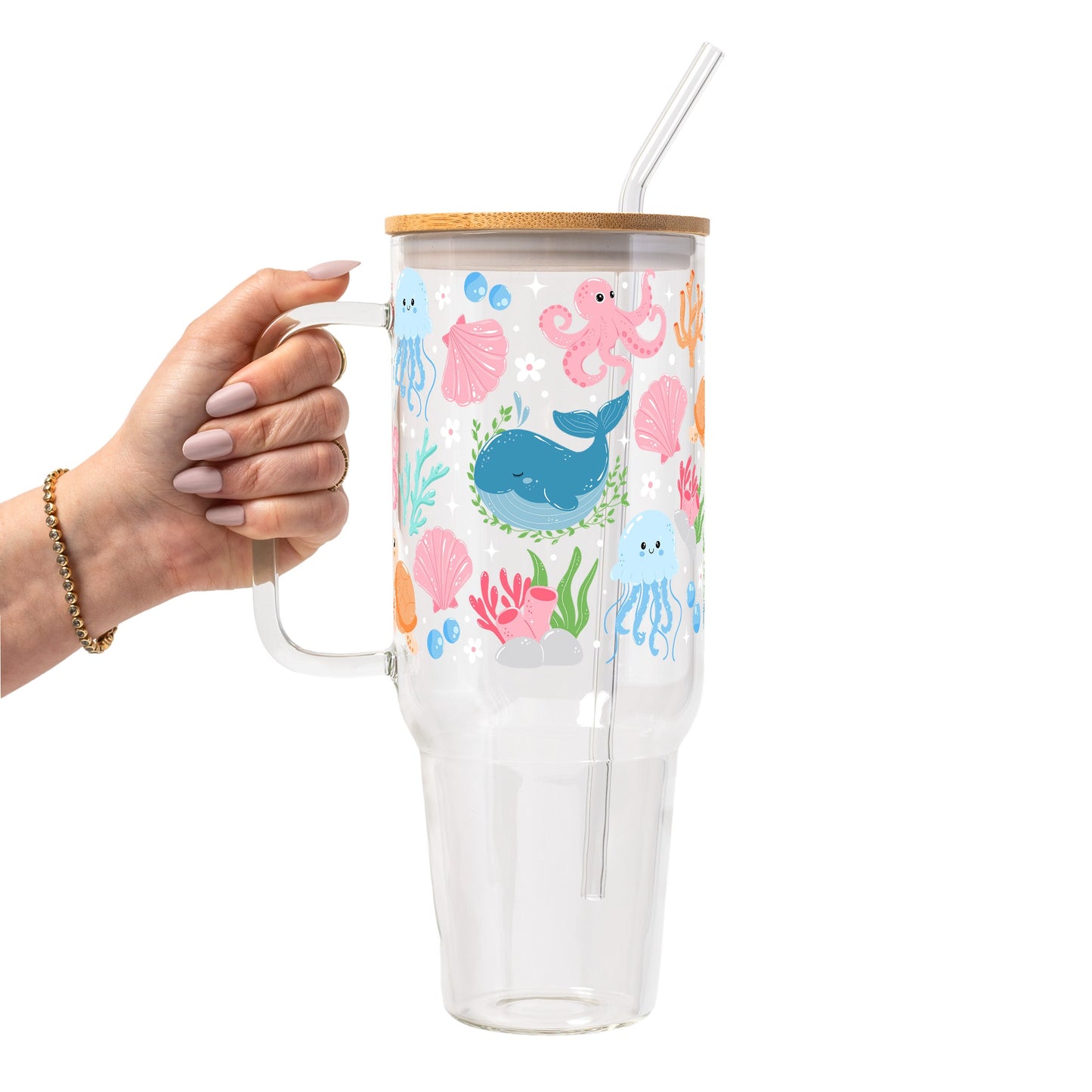 Cutie Sea Creatures Glass Cup, Mug & Tumbler with Lid and Straw