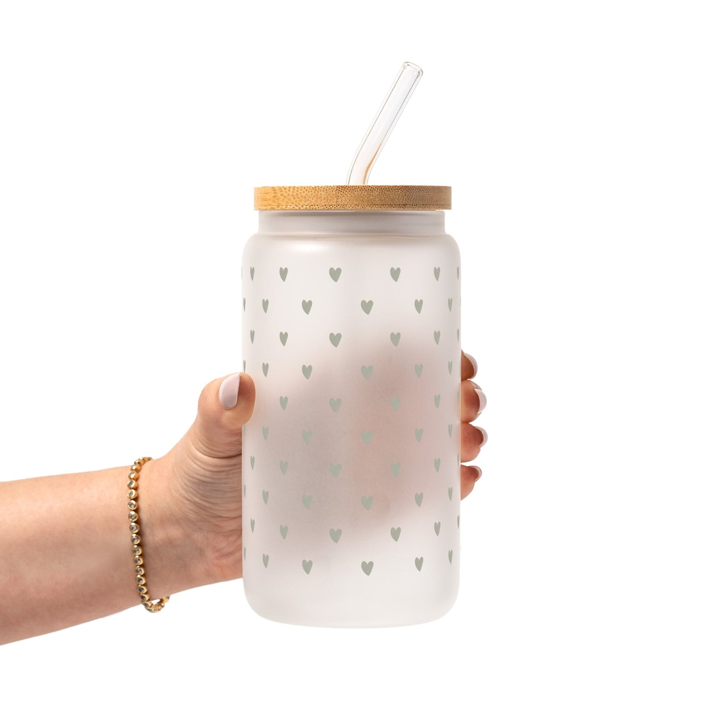 Sage Mini Hearts Glass Cup, Mug & Tumbler with Lid and Straw