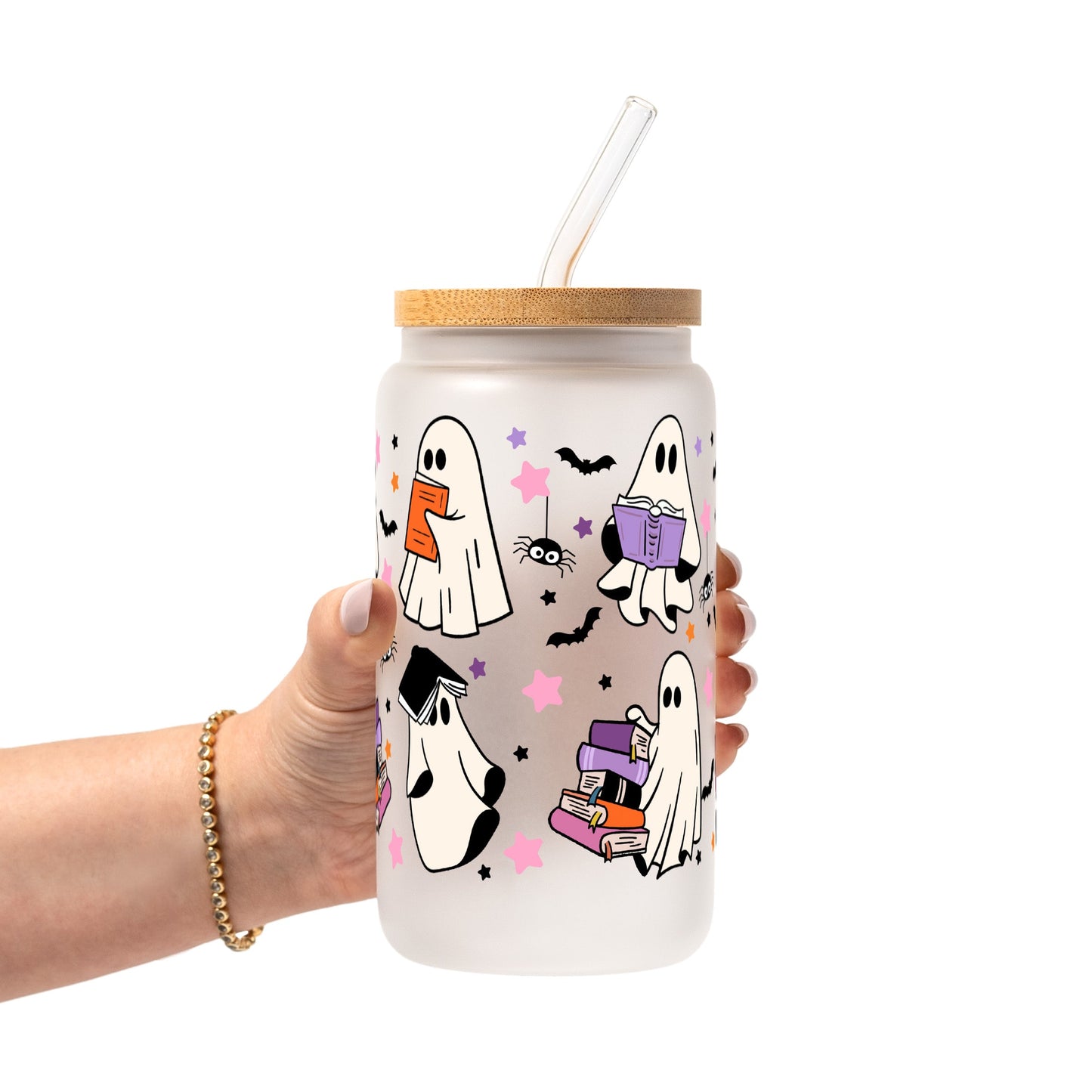 Ghosts and Books Glass Cup, Mug & Tumbler with Lid and Straw