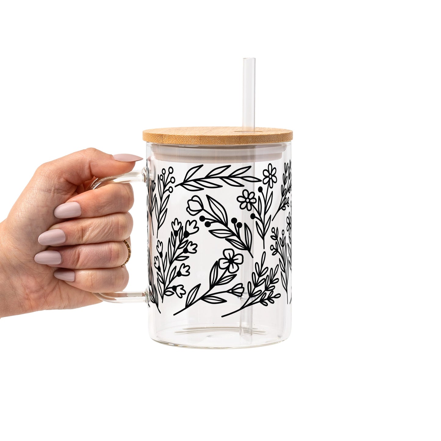 Black Floral Botanical Glass Cup, Mug & Tumbler with Lid and Straw