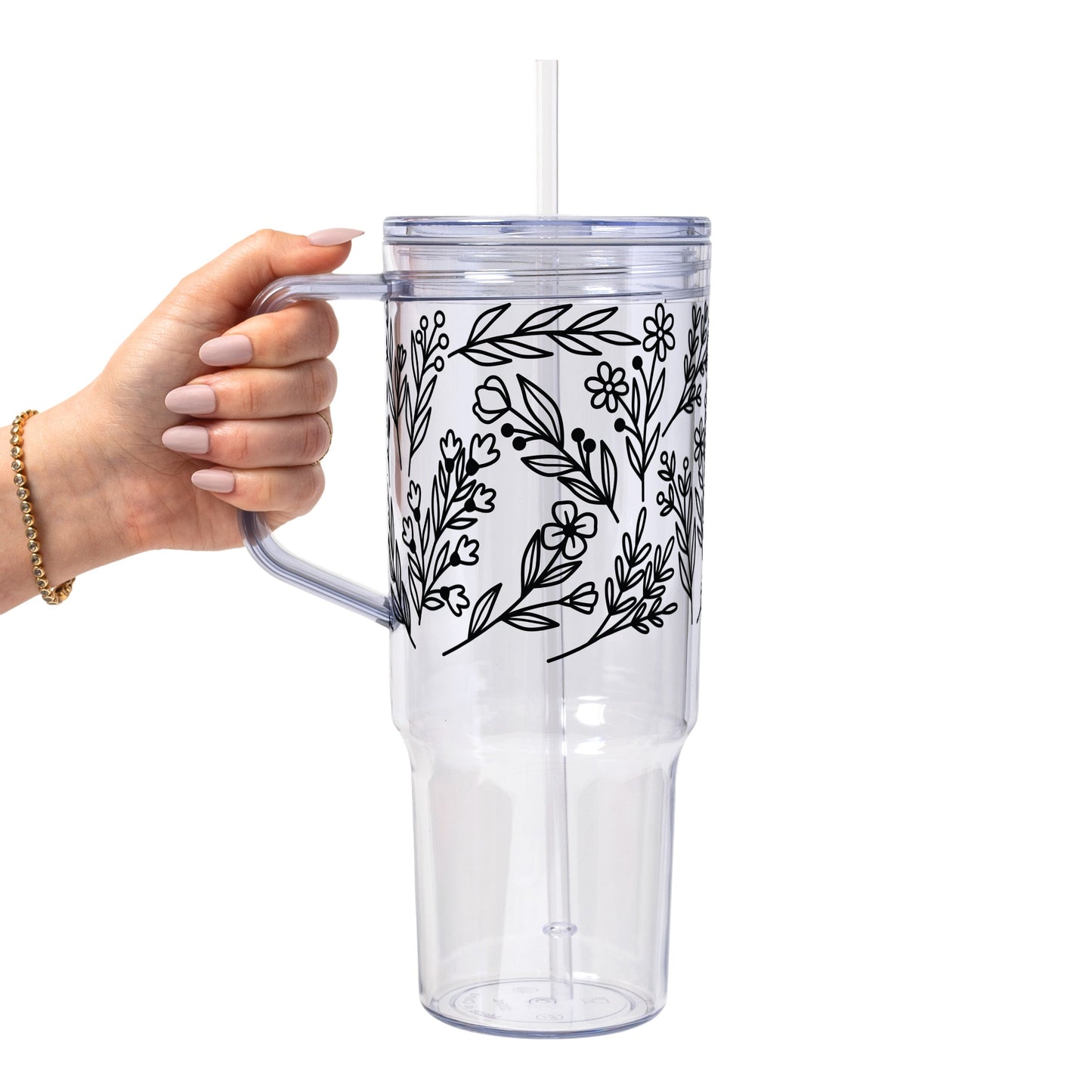 Black Floral Botanical Glass Cup, Mug & Tumbler with Lid and Straw