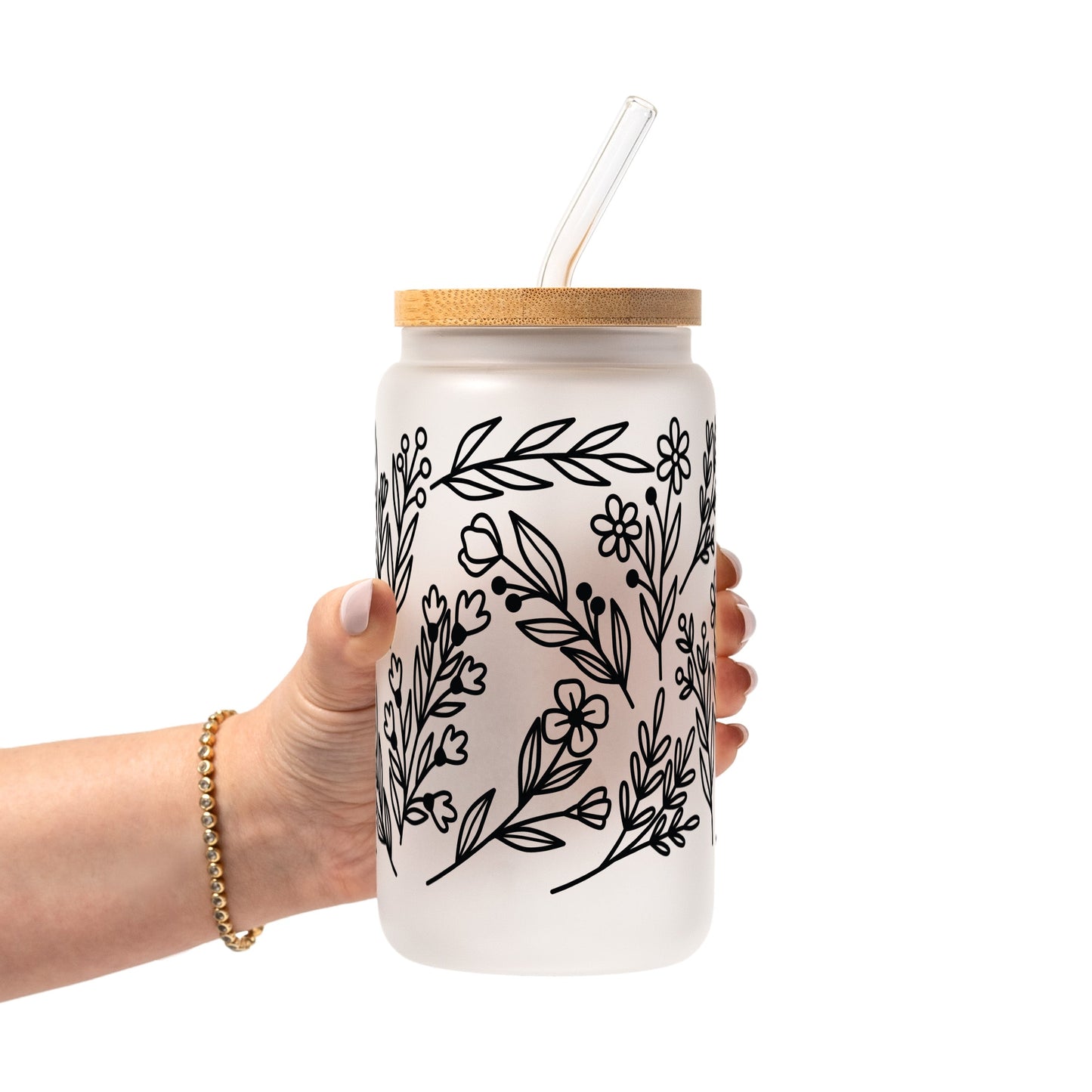 Black Floral Botanical Glass Cup, Mug & Tumbler with Lid and Straw