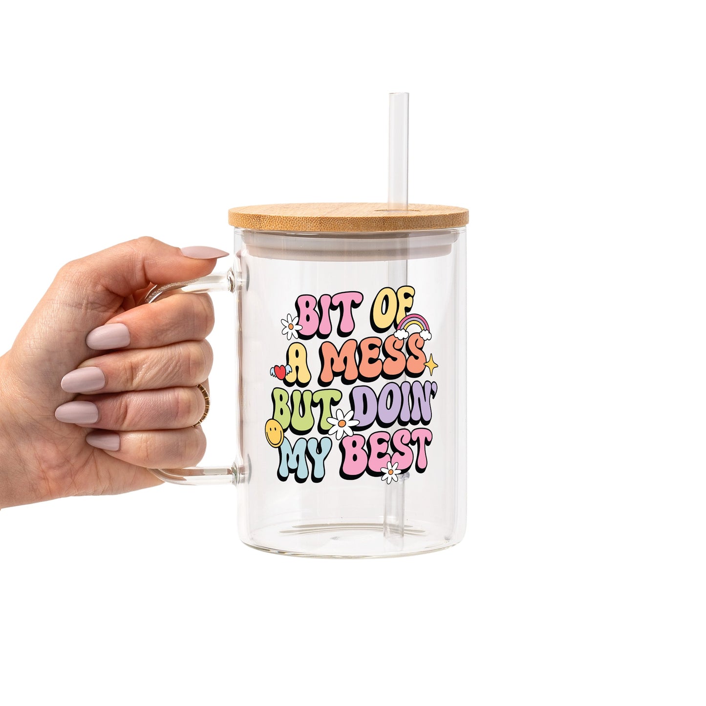Bit Of A Mess Glass Cup, Mug & Tumbler with Lid and Straw