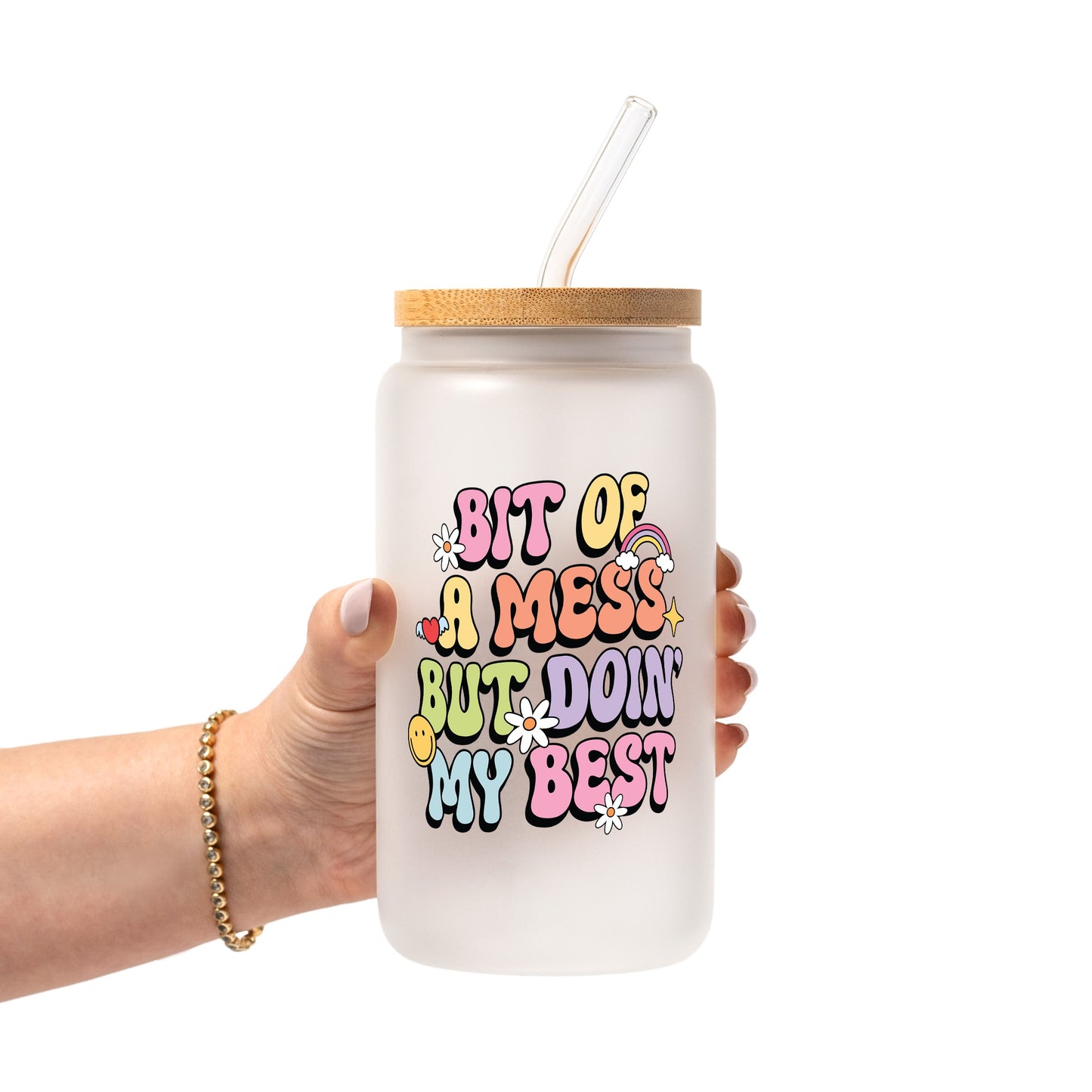 Bit Of A Mess Glass Cup, Mug & Tumbler with Lid and Straw