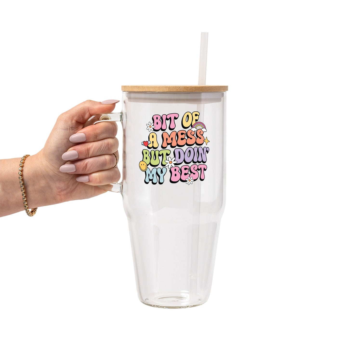 Bit Of A Mess Glass Cup, Mug & Tumbler with Lid and Straw