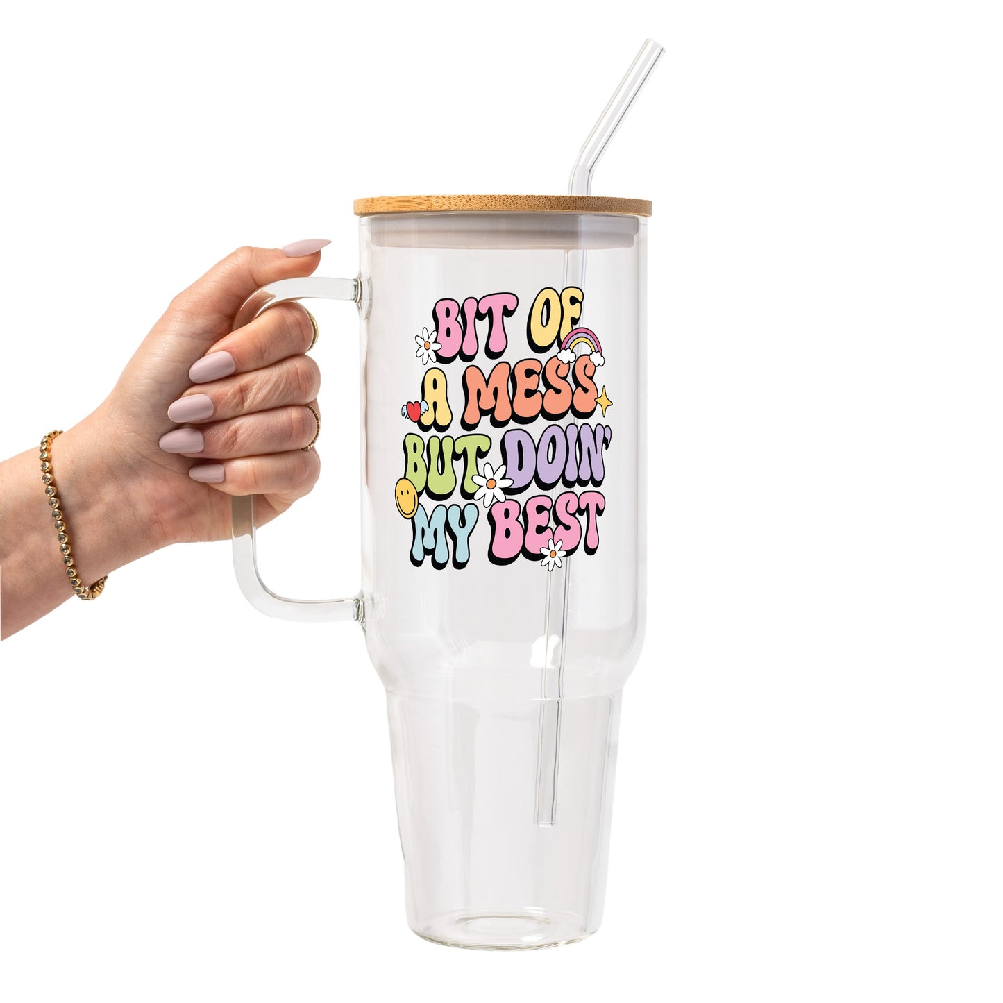 Bit Of A Mess Glass Cup, Mug & Tumbler with Lid and Straw