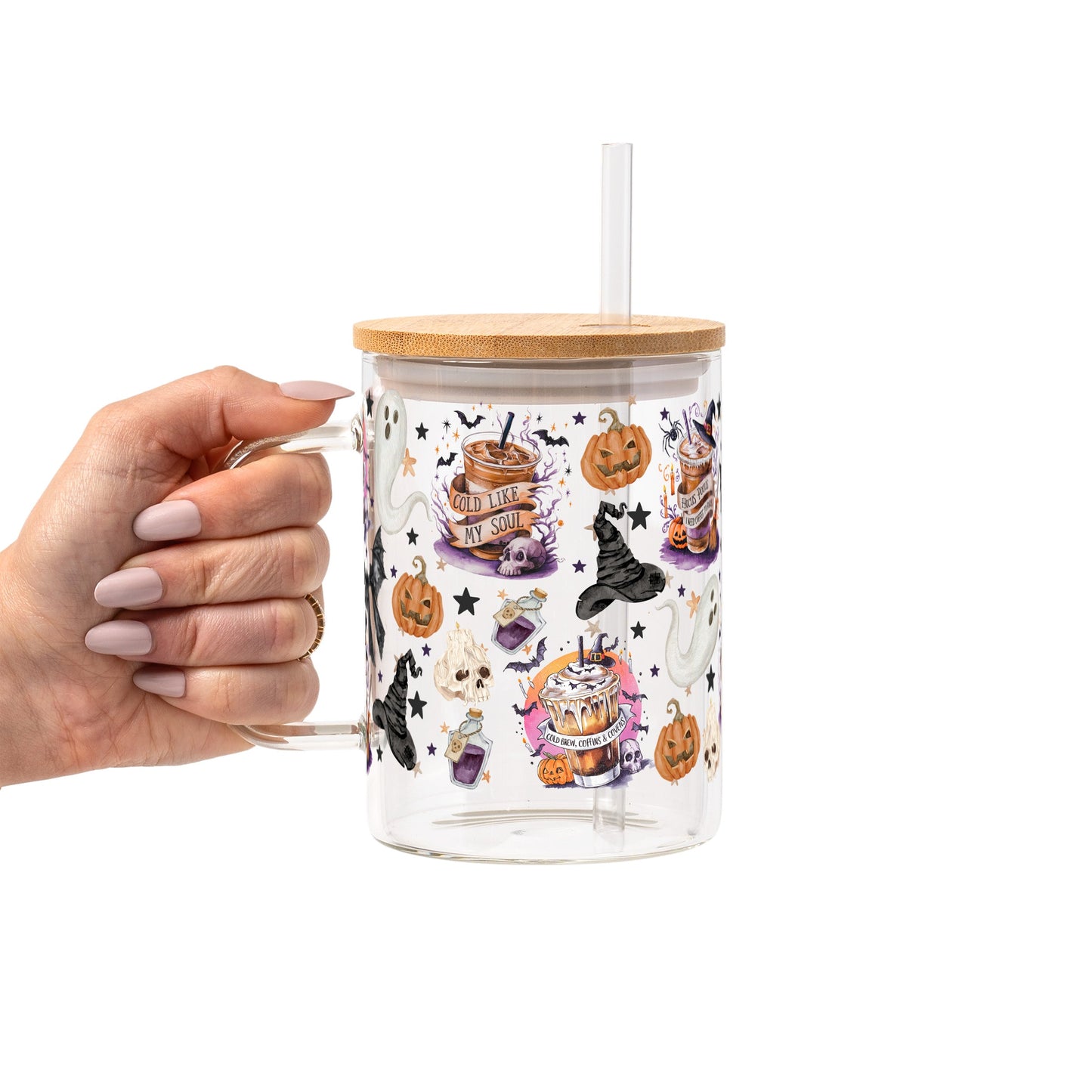 Halloween Fall Coffees Glass Cup, Mug & Tumbler with Lid and Straw