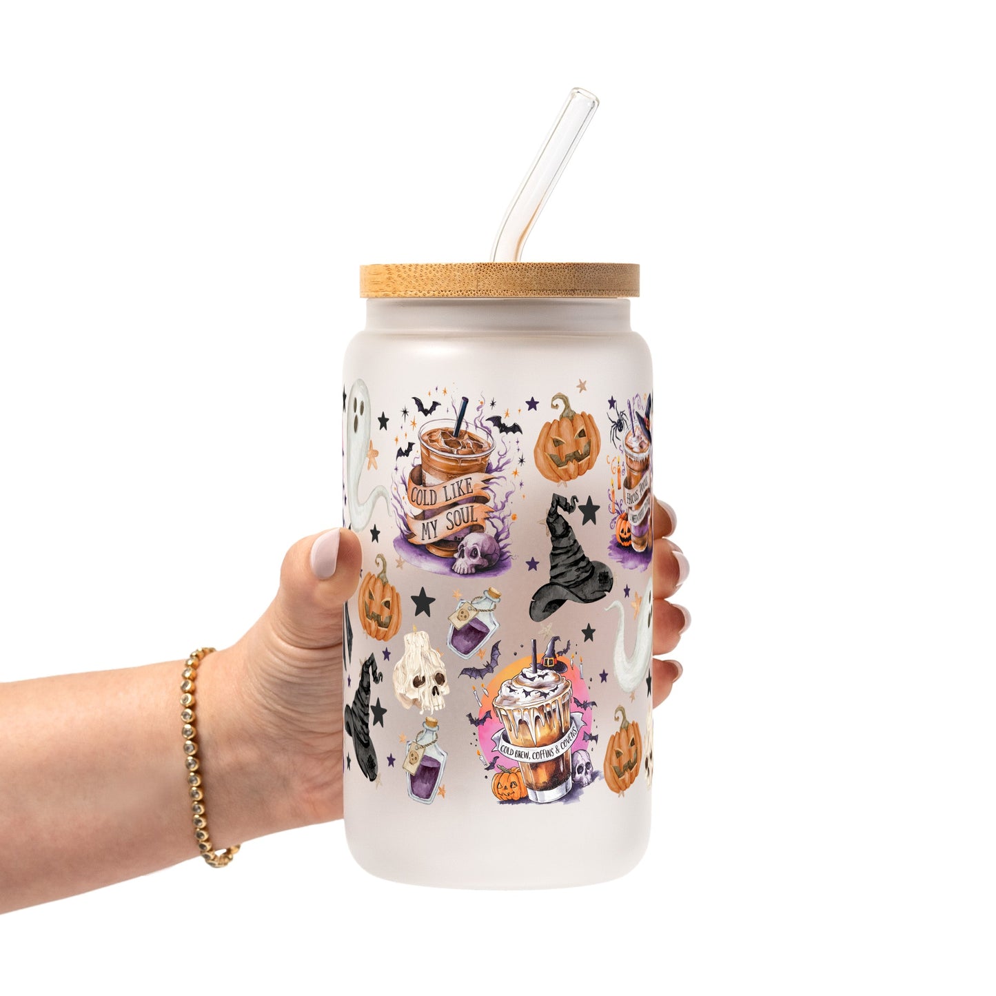 Halloween Fall Coffees Glass Cup, Mug & Tumbler with Lid and Straw