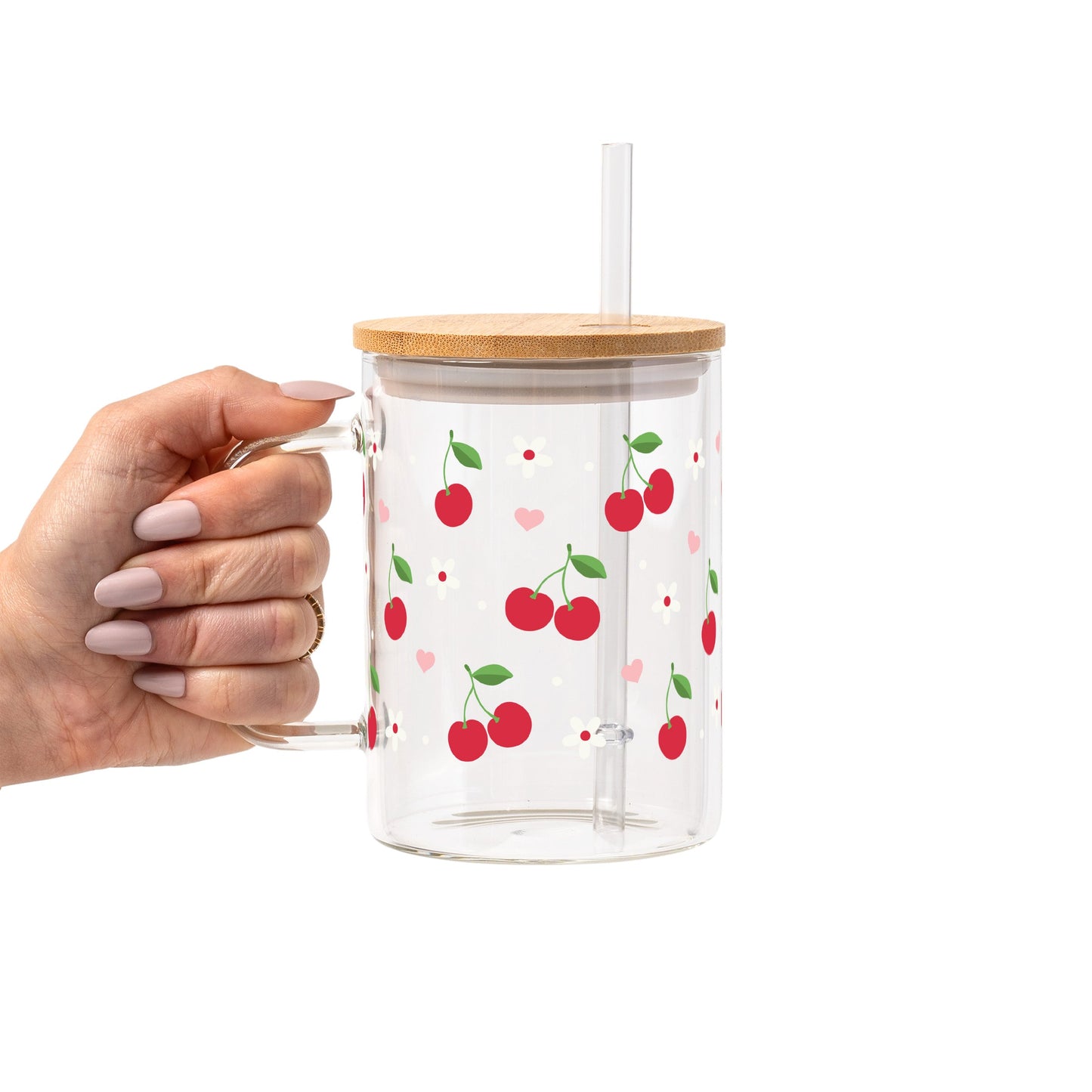 Red Cherries Pink Hearts Glass Cup, Mug & Tumbler with Lid and Straw