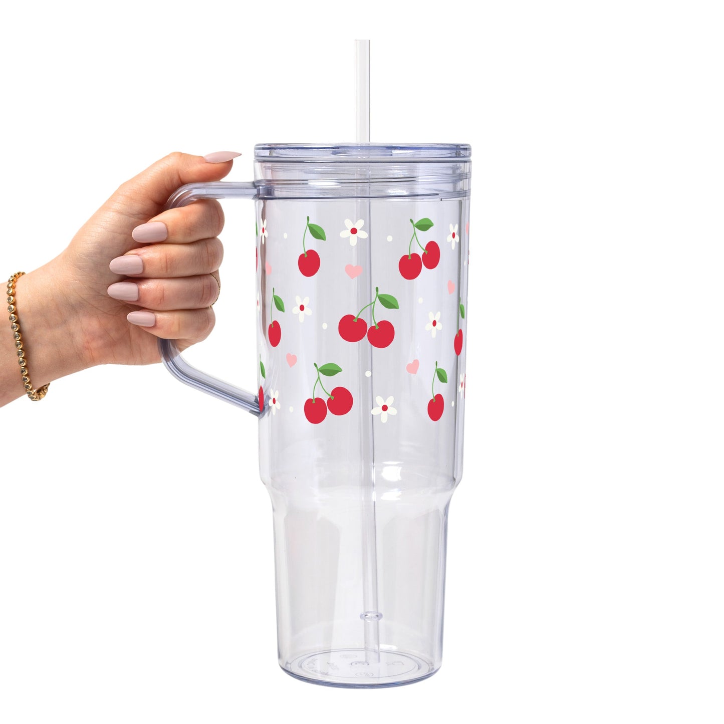 Red Cherries Pink Hearts Glass Cup, Mug & Tumbler with Lid and Straw