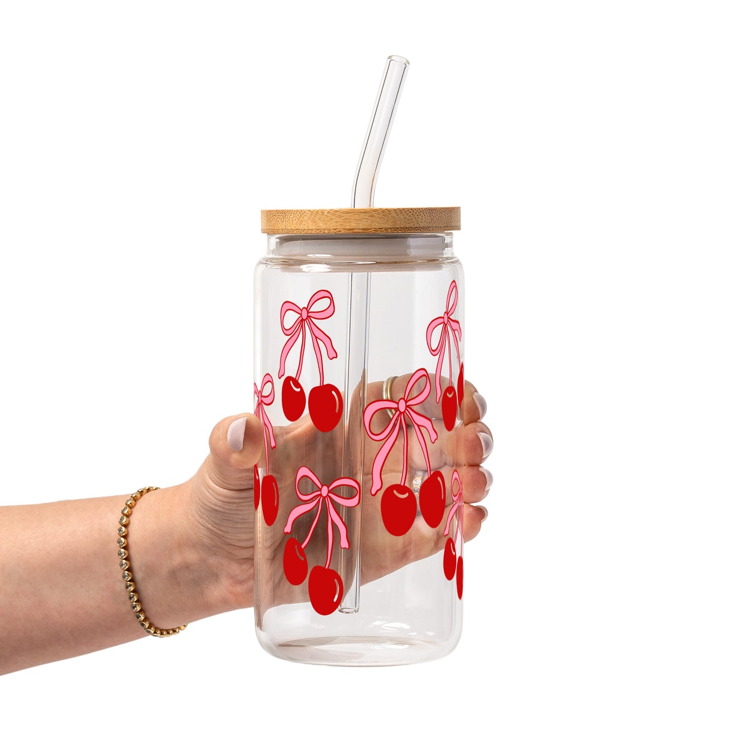 Cherry Bow Glass Cup, Mug & Tumbler with Lid and Straw