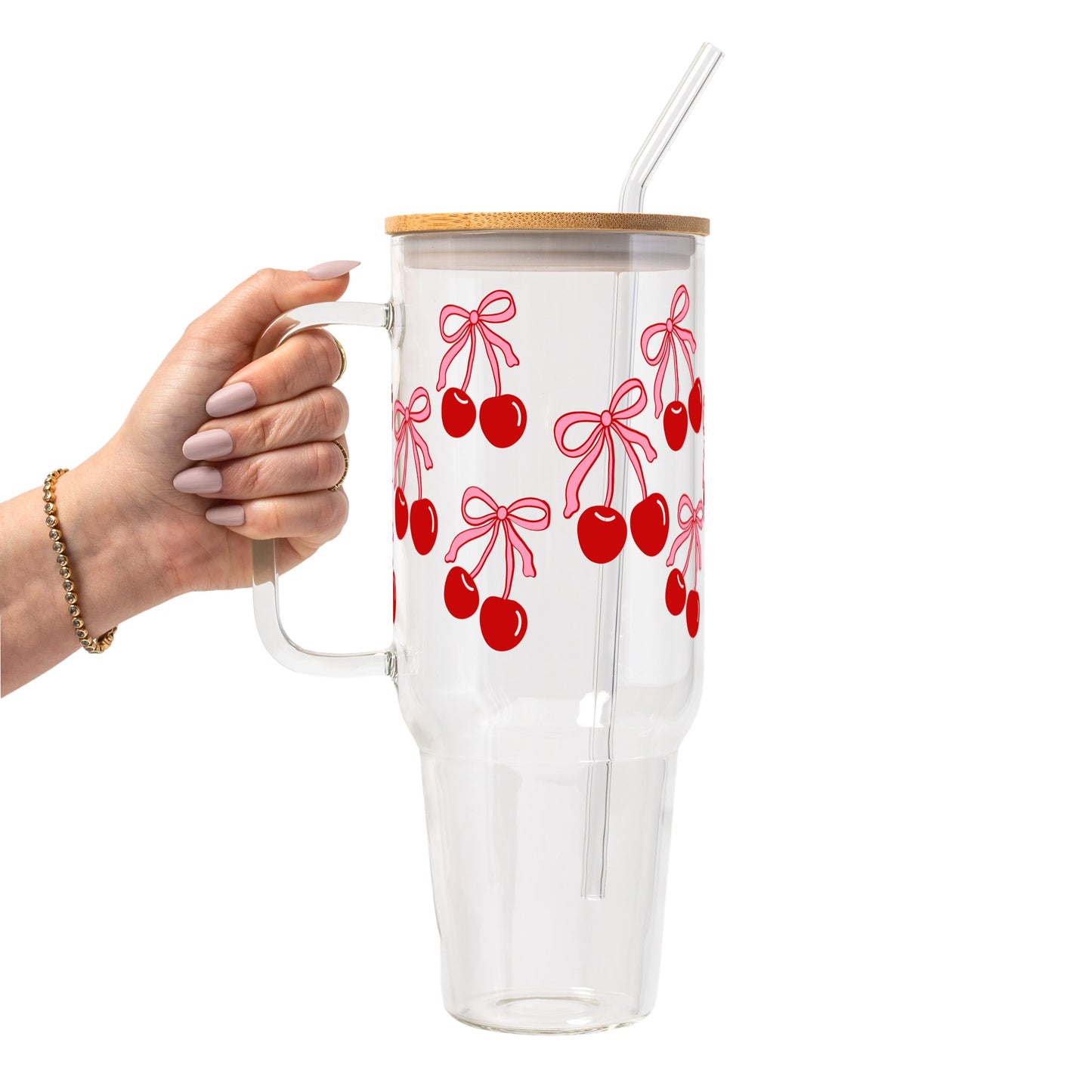 Cherry Bow Glass Cup, Mug & Tumbler with Lid and Straw