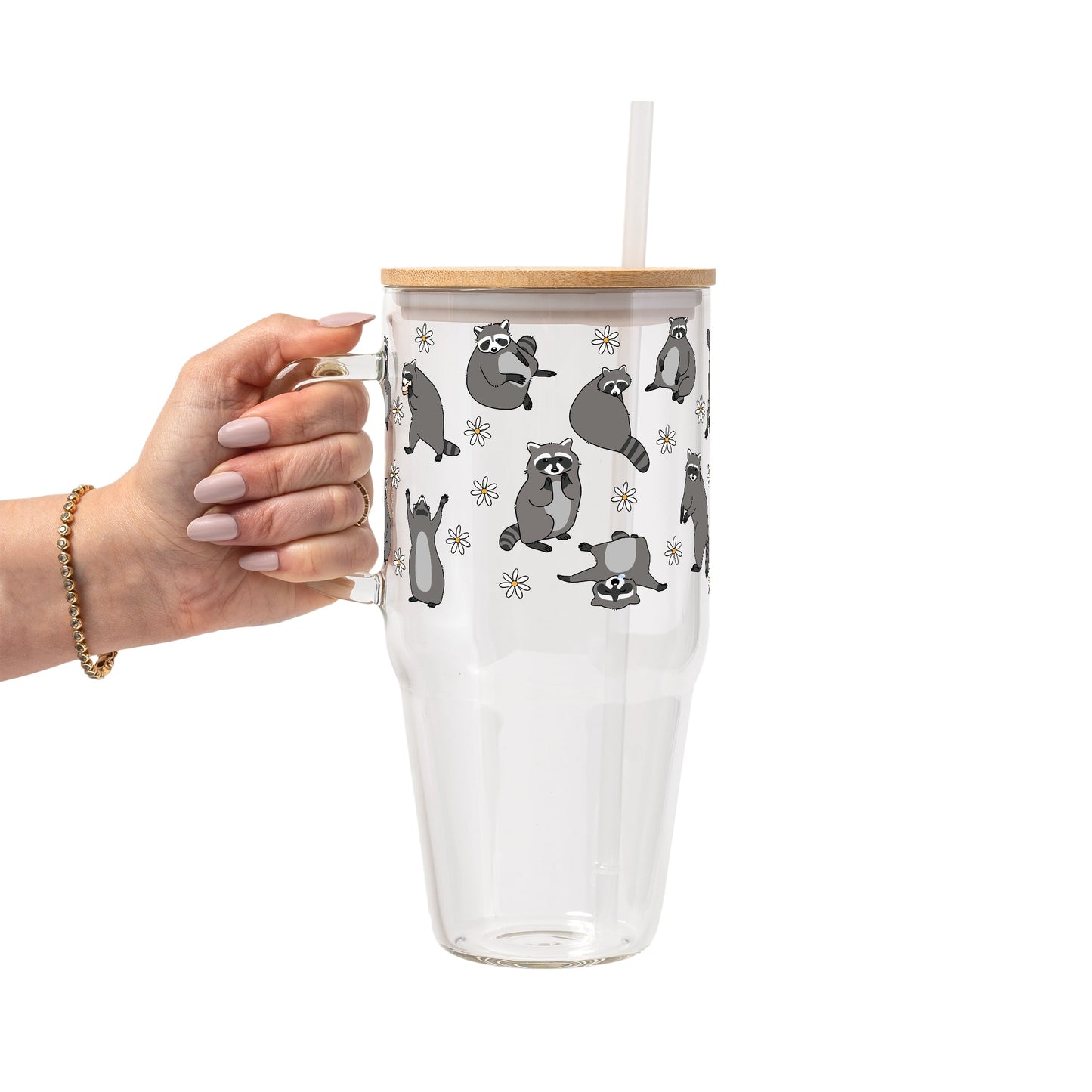 Coffee Loving Raccoon Glass Cup, Mug & Tumbler with Lid and Straw