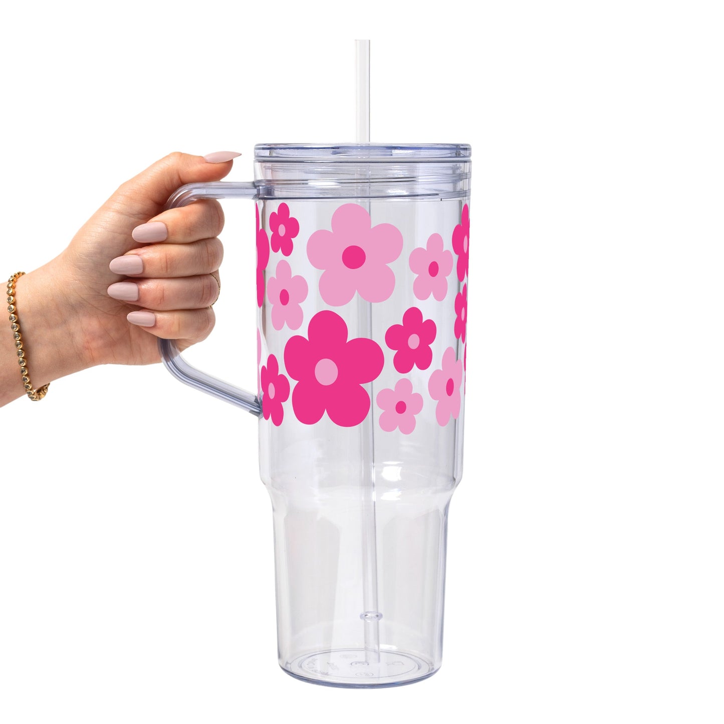 Retro Pink Daisy Floral Glass Cup, Mug & Tumbler with Lid and Straw