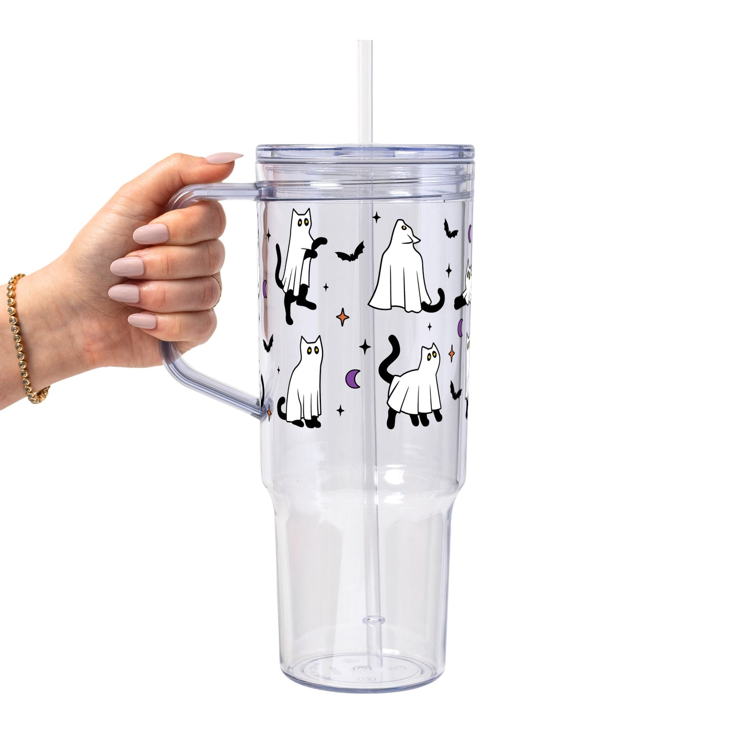 Ghost Cat Glass Cup, Mug & Tumbler with Lid and Straw