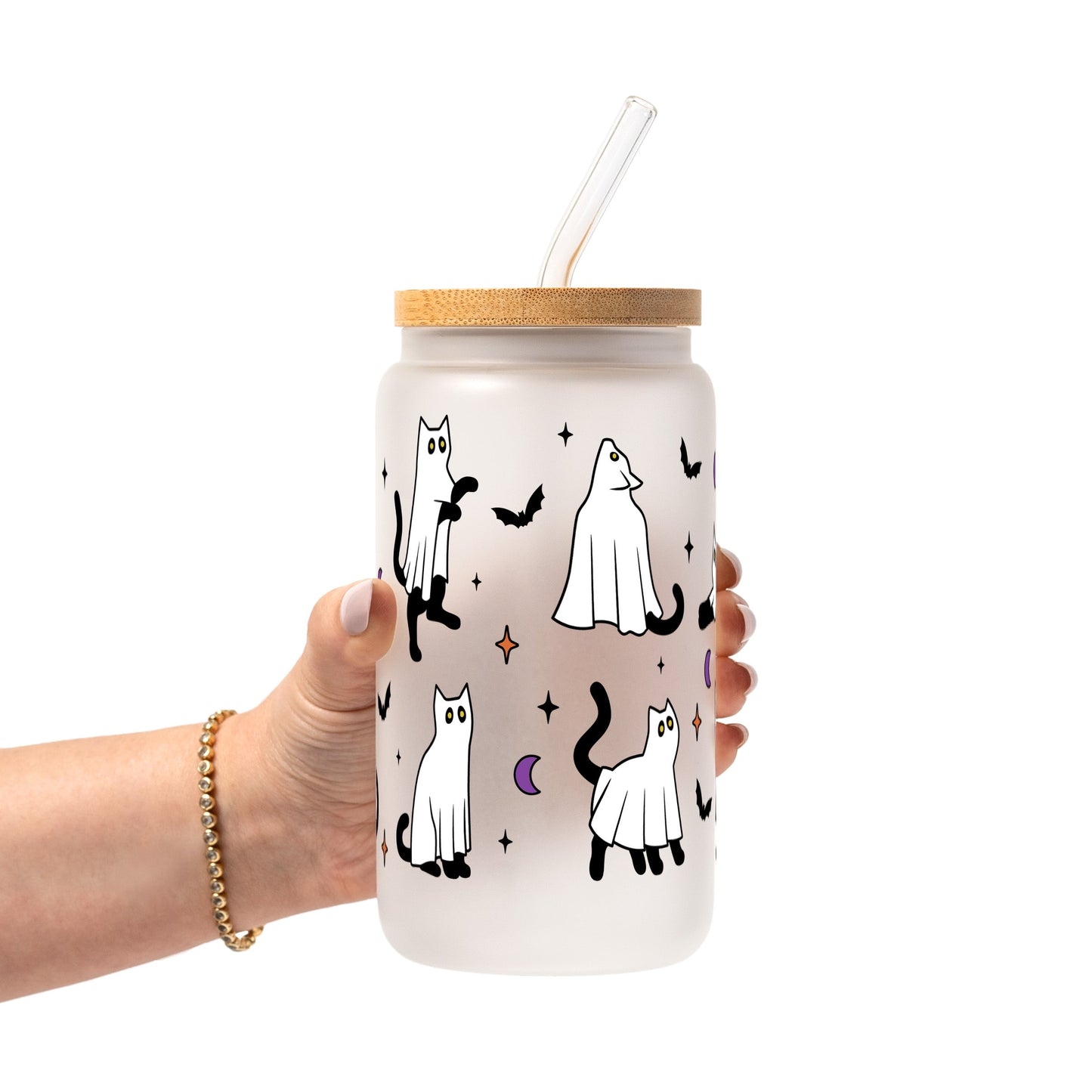 Ghost Cat Glass Cup, Mug & Tumbler with Lid and Straw