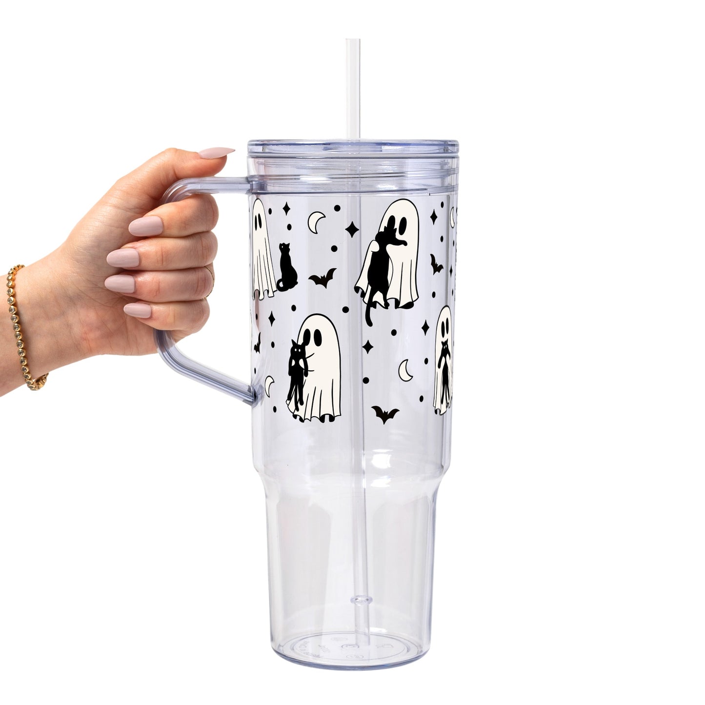Ghost Holding Cats Glass Cup, Mug & Tumbler with Lid and Straw