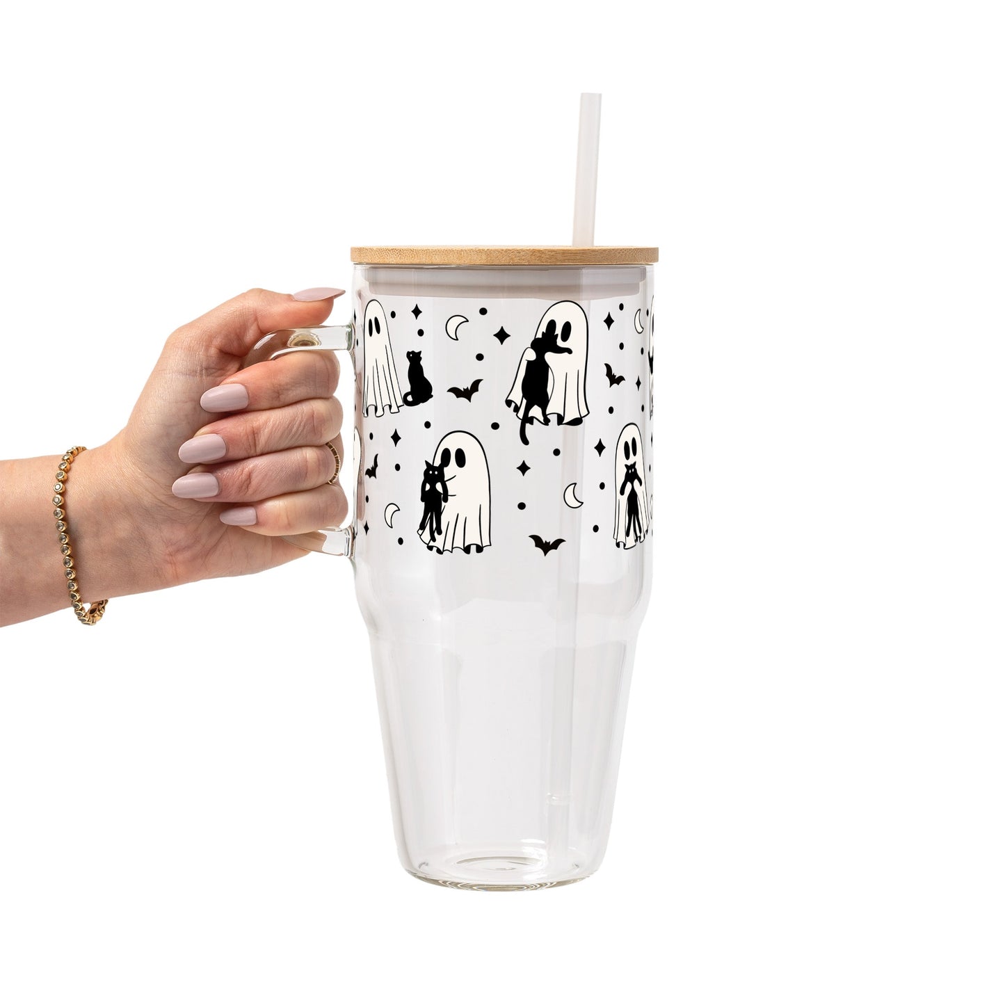 Ghost Holding Cats Glass Cup, Mug & Tumbler with Lid and Straw