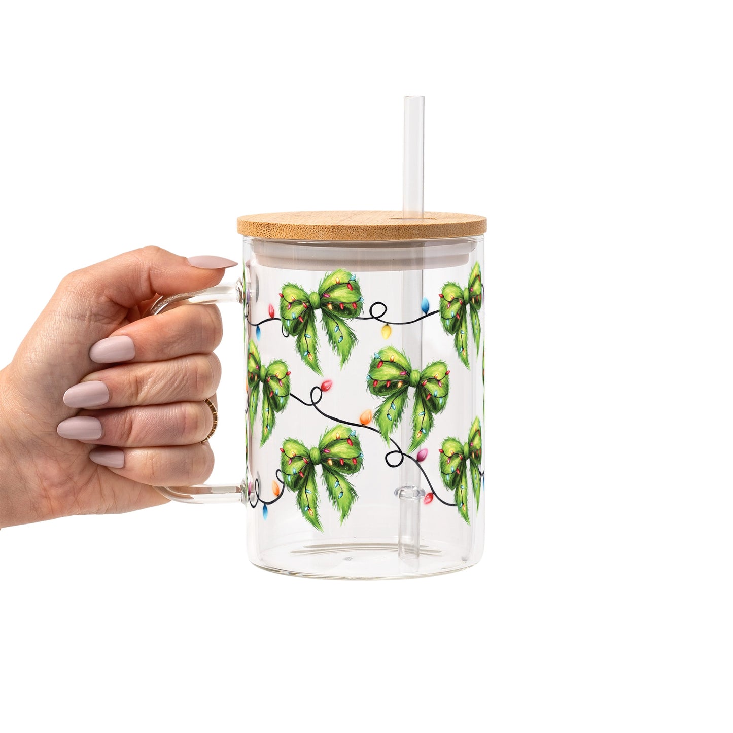 Christmas Green Fur Bows Glass Cup, Mug & Tumbler with Lid and Straw