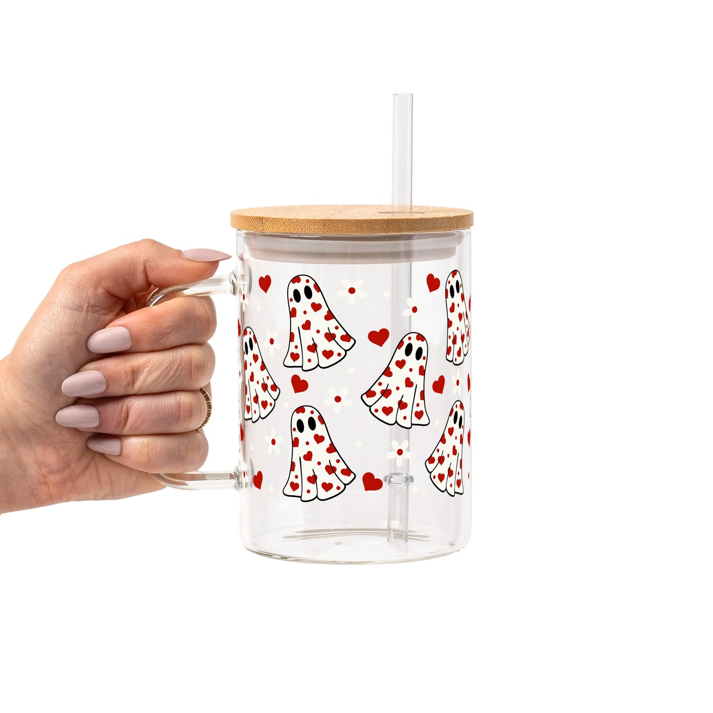 Pink Hearts Valentine Glass Cup, Mug & Tumbler with Lid and Straw