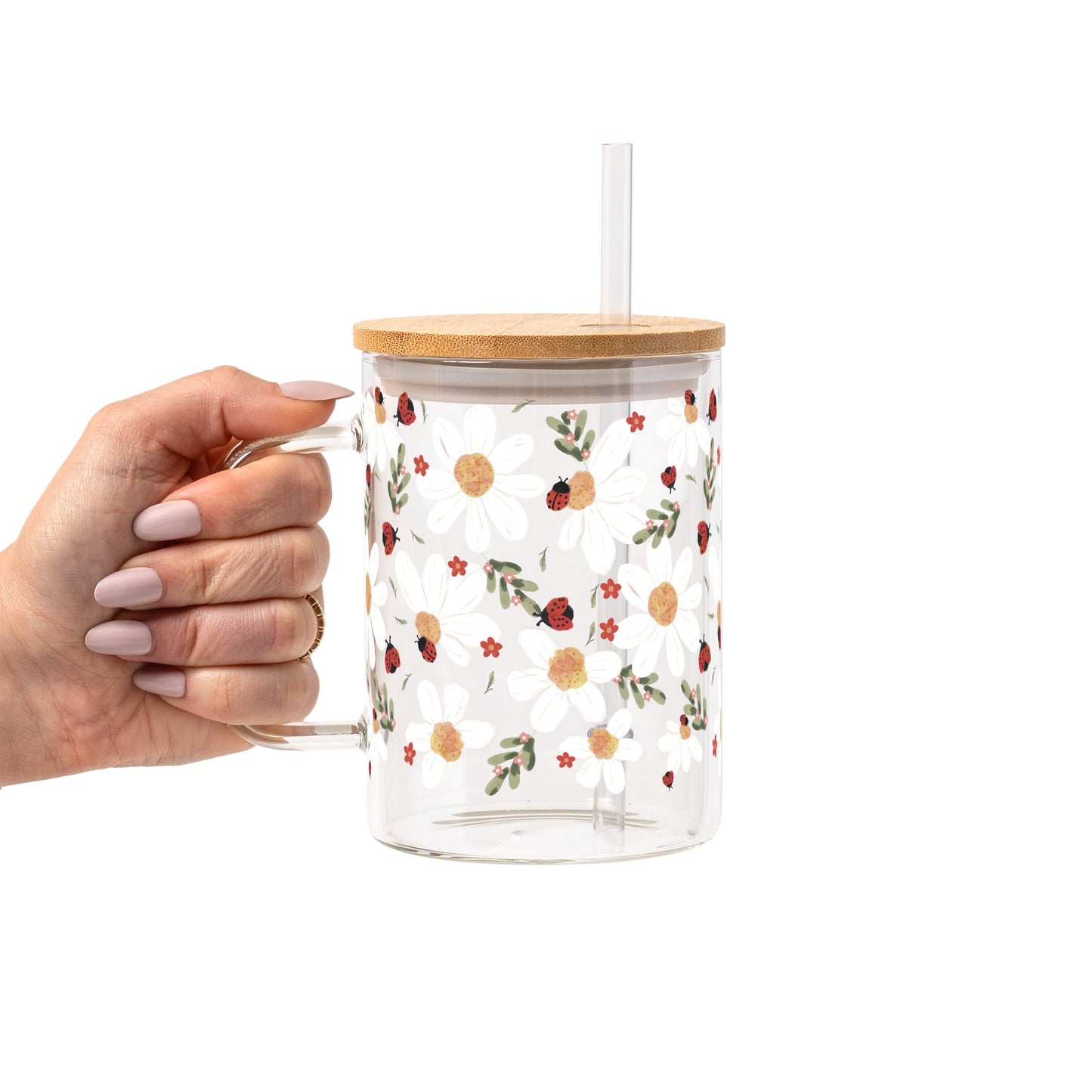 Daisy Ladybug Floral Glass Cup, Mug & Tumbler with Lid and Straw