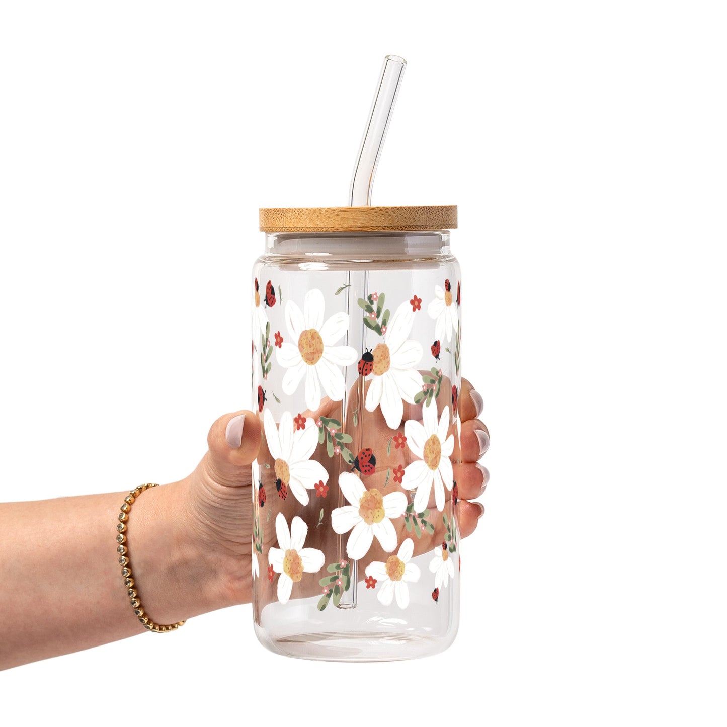 Daisy Ladybug Floral Glass Cup, Mug & Tumbler with Lid and Straw