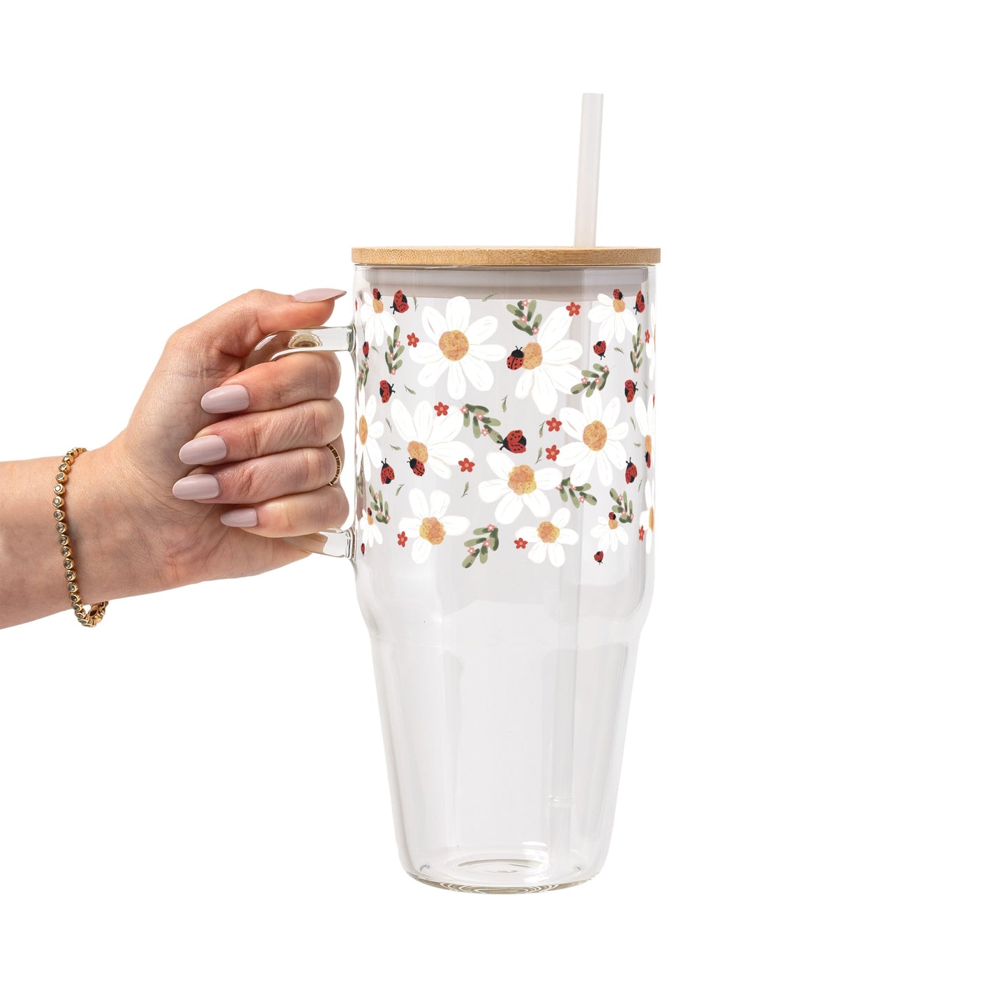 Daisy Ladybug Floral Glass Cup, Mug & Tumbler with Lid and Straw