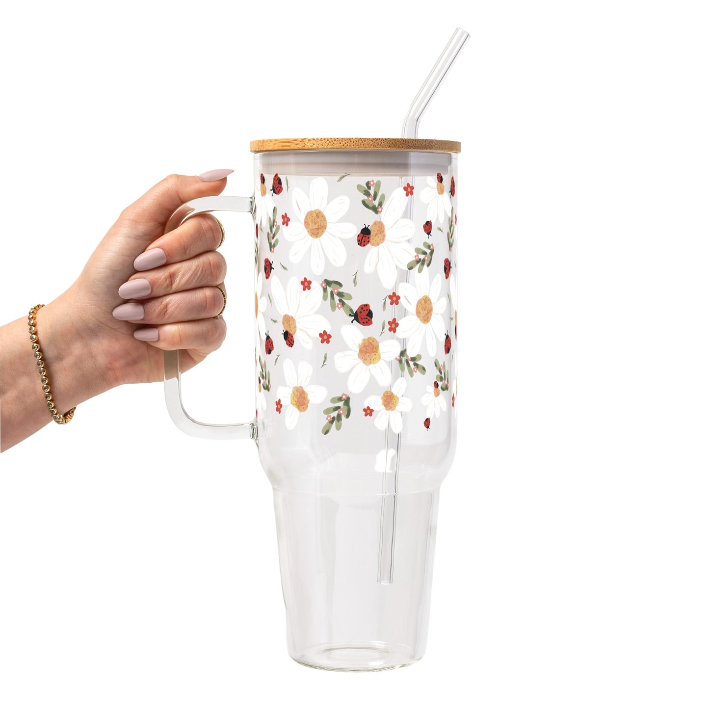 Daisy Ladybug Floral Glass Cup, Mug & Tumbler with Lid and Straw