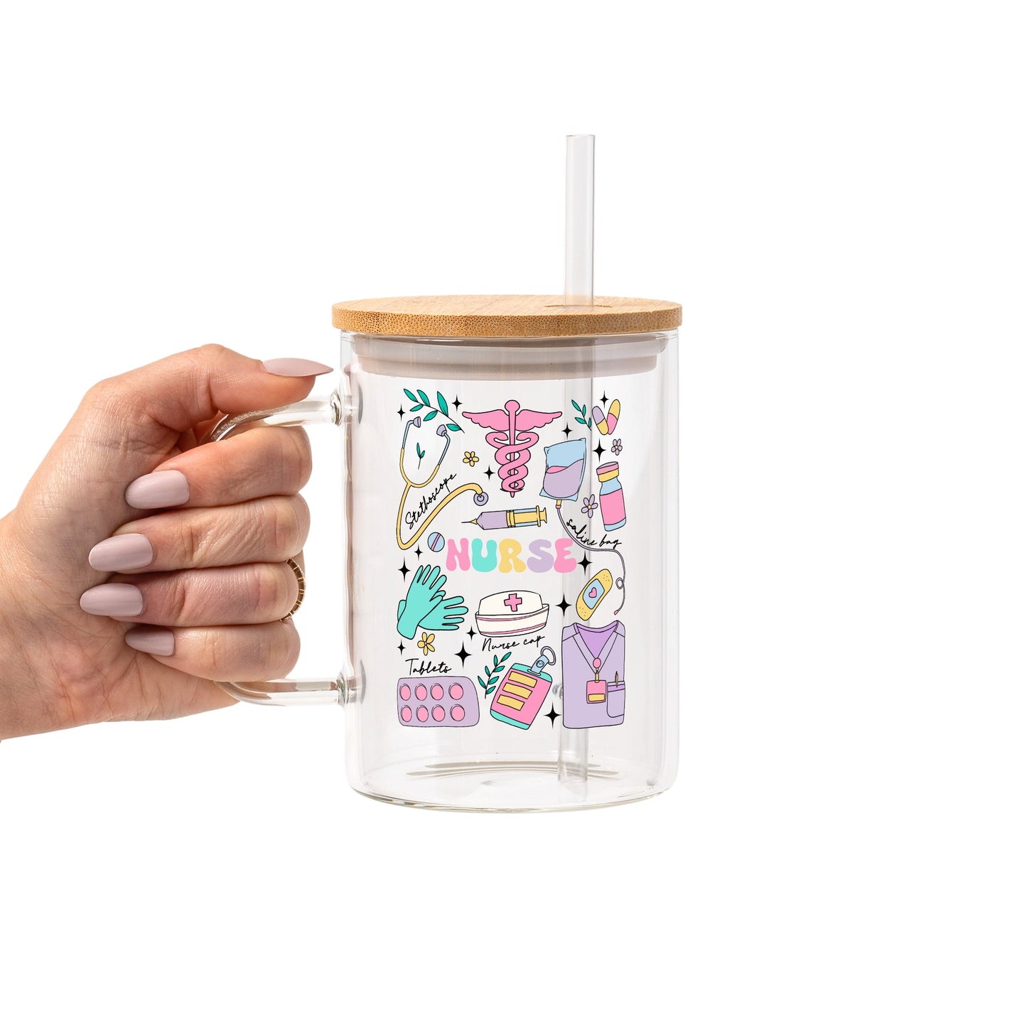 Sips And Scrubs Medical Glass Cup, Mug & Tumbler with Lid and Straw