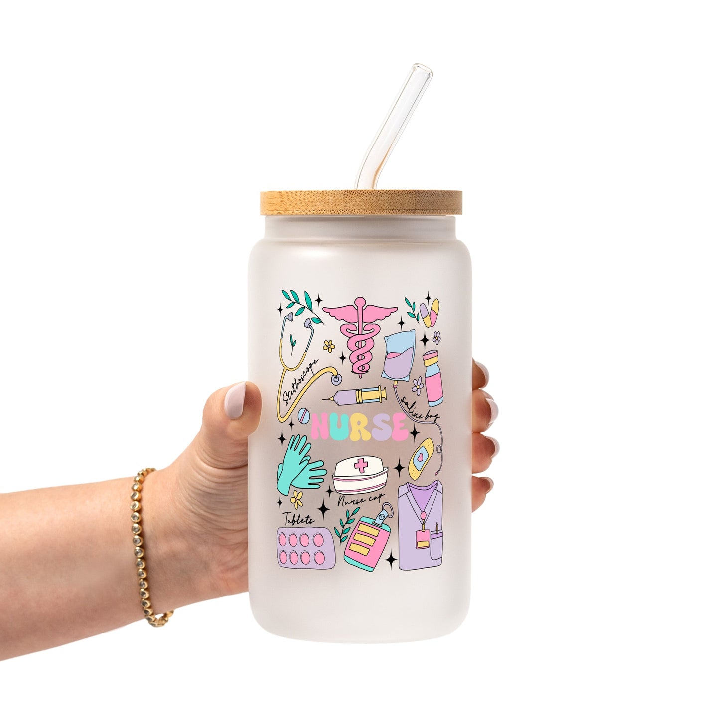 Sips And Scrubs Medical Glass Cup, Mug & Tumbler with Lid and Straw