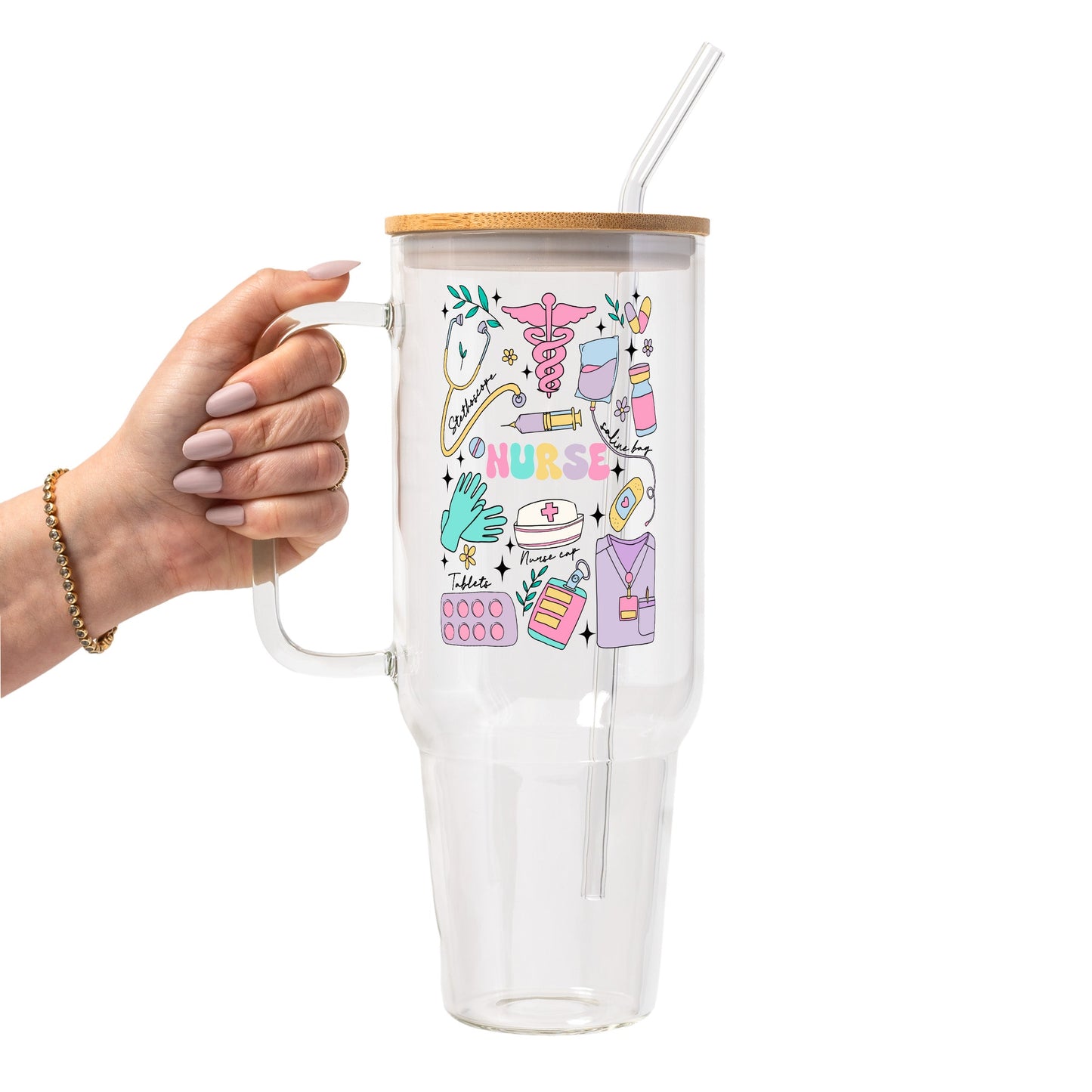 Sips And Scrubs Medical Glass Cup, Mug & Tumbler with Lid and Straw