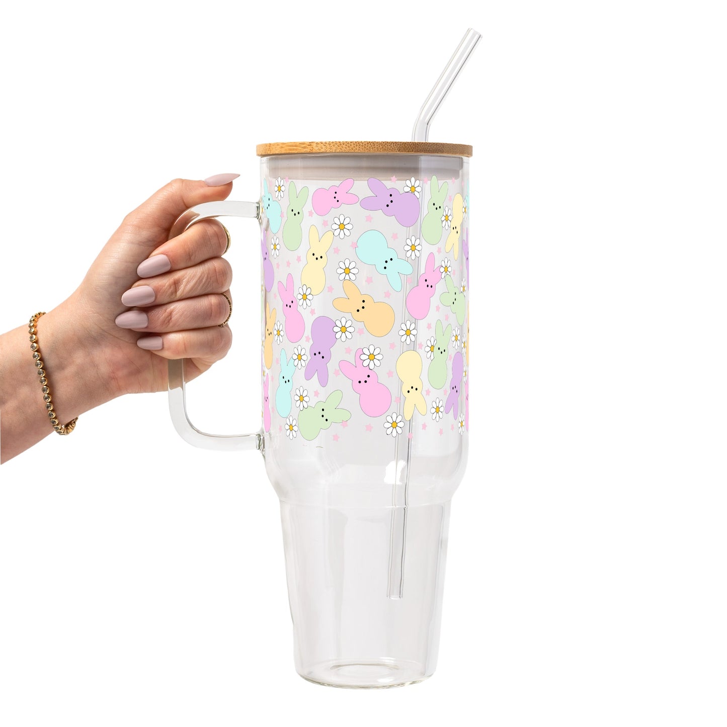 Pastel Easter Bunny Glass Cup, Mug & Tumbler with Lid and Straw