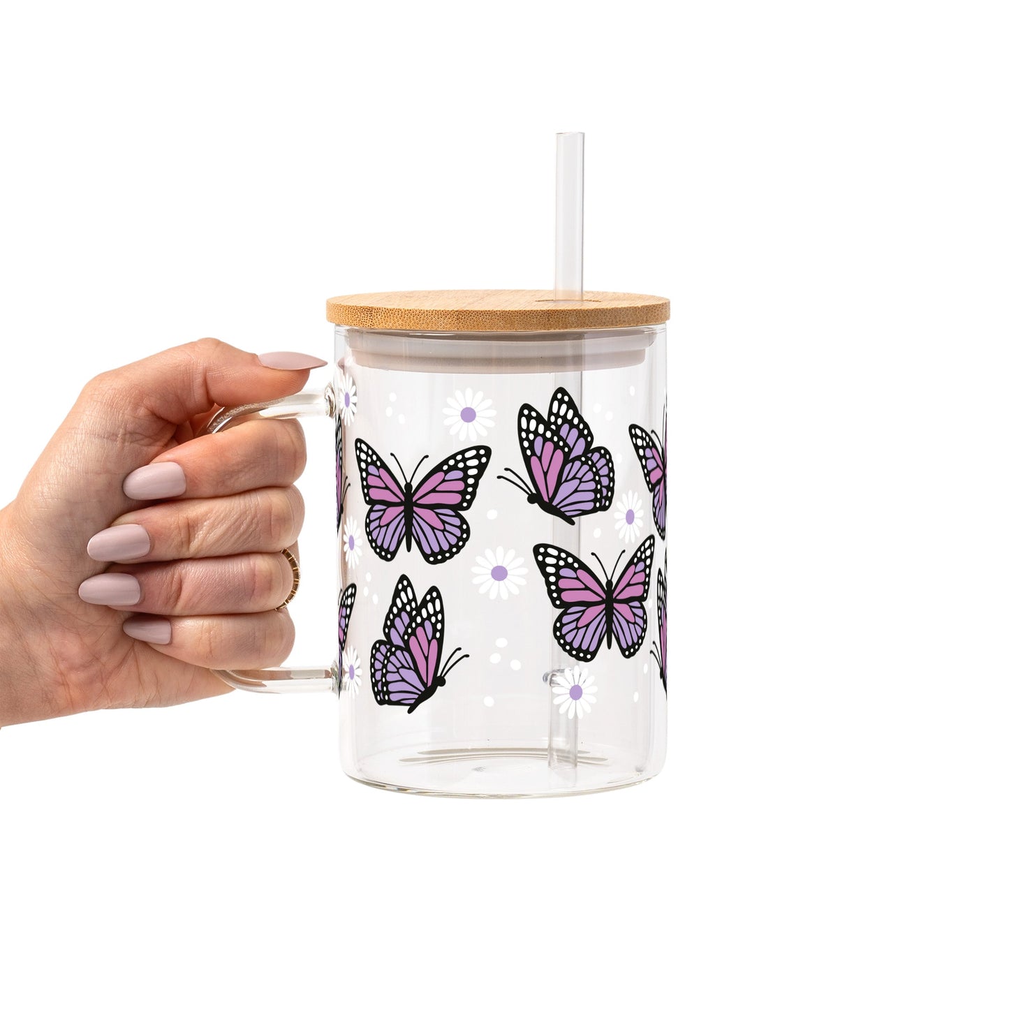 Butterfly Daisy Glass Cup, Mug & Tumbler with Lid and Straw