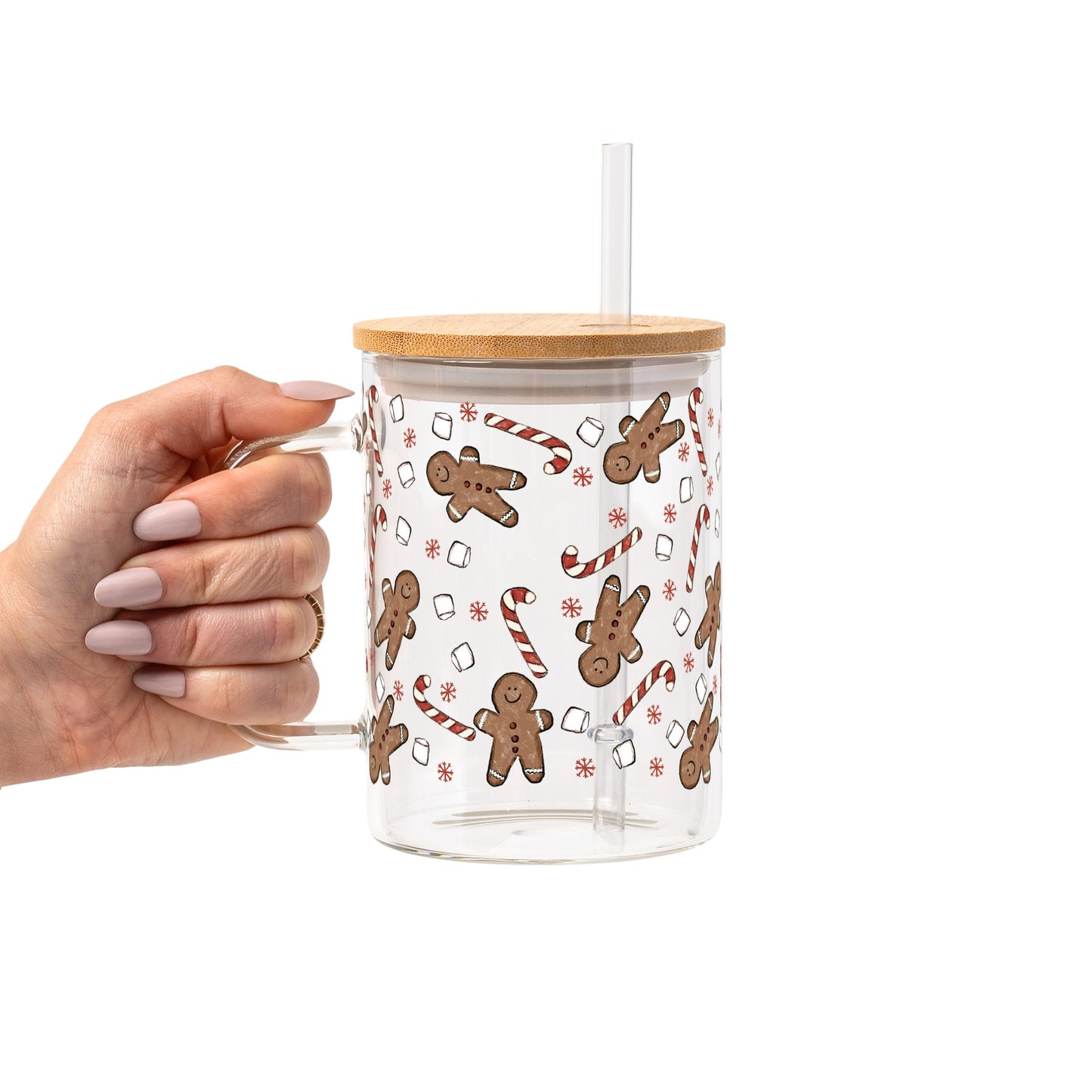 Christmas Gingerbread Candy Glass Cup, Mug & Tumbler with Lid and Straw