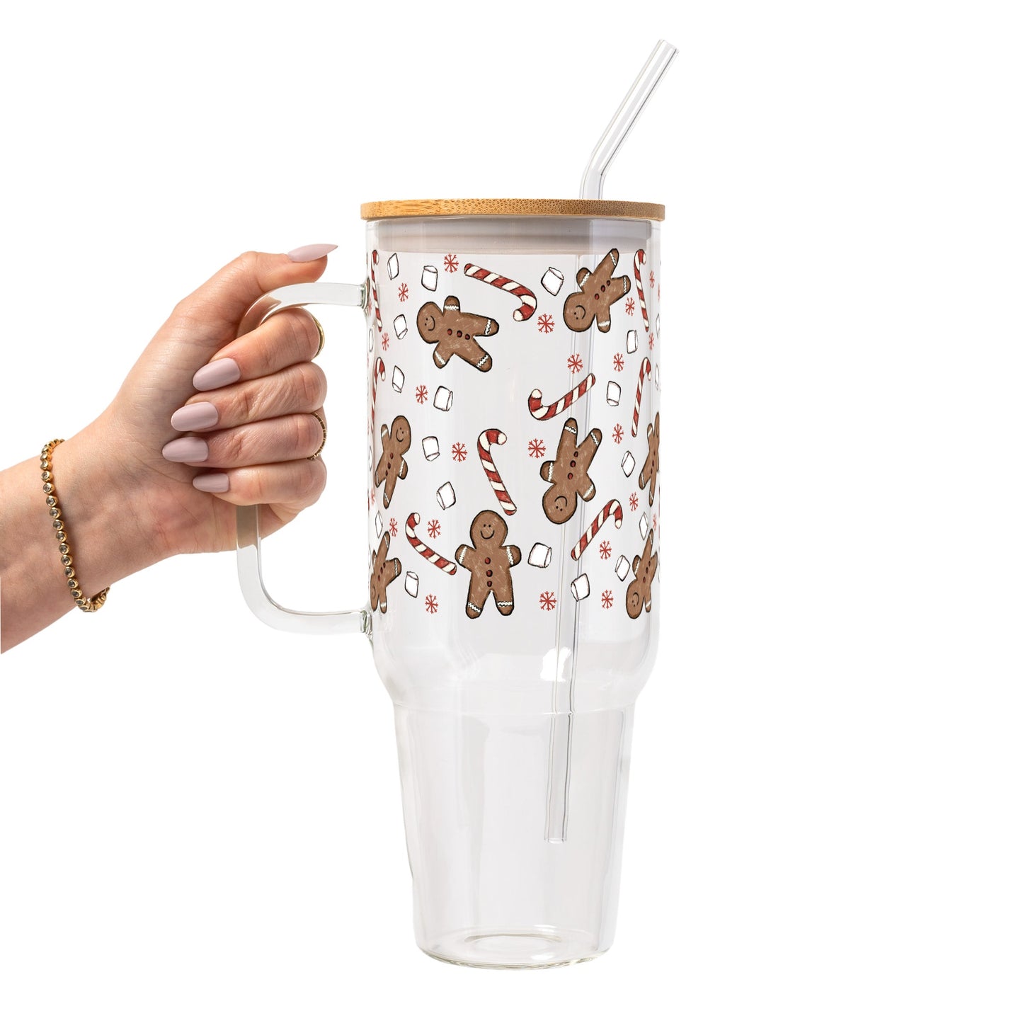 Christmas Gingerbread Candy Glass Cup, Mug & Tumbler with Lid and Straw