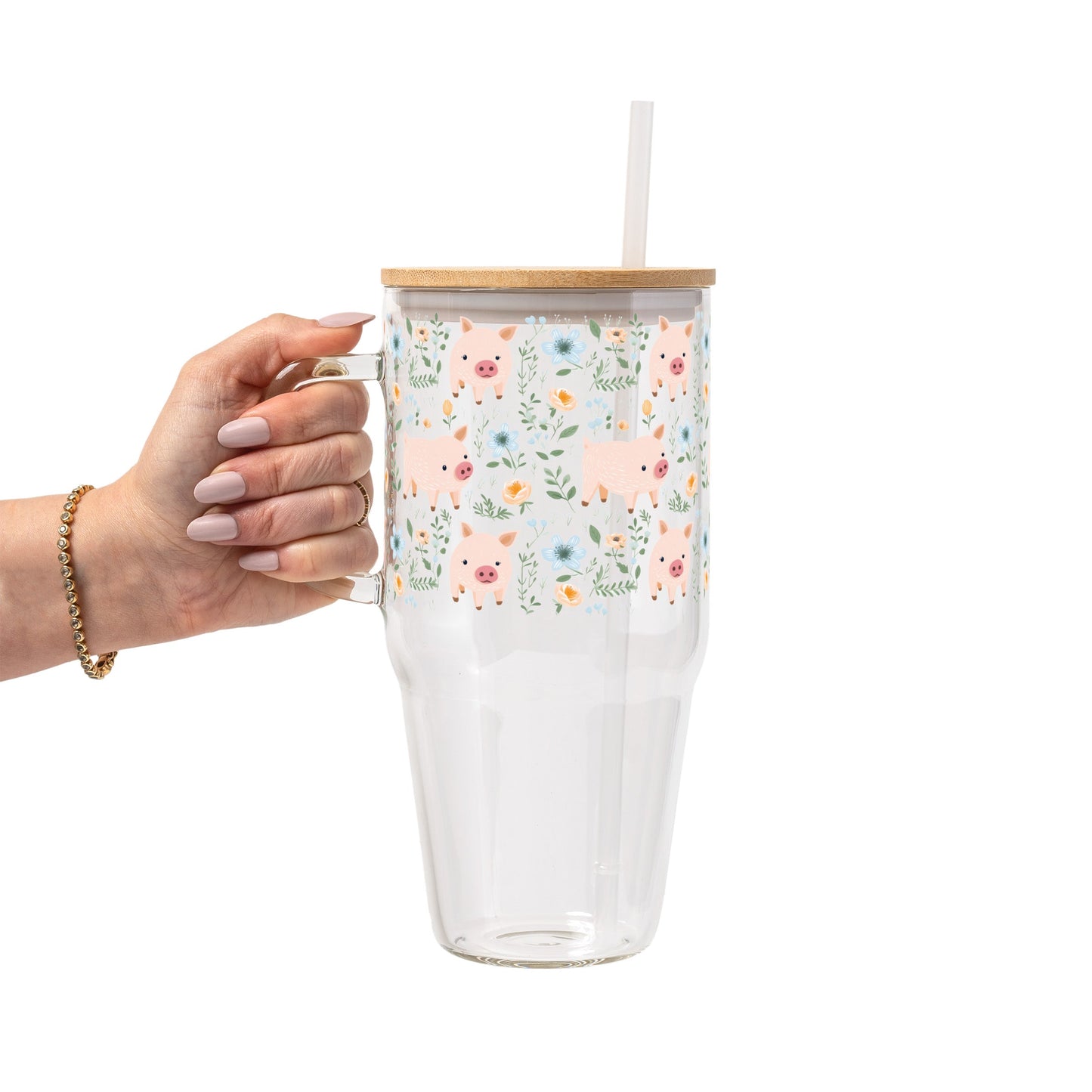Piggies and Posies Glass Cup, Mug & Tumbler with Lid and Straw