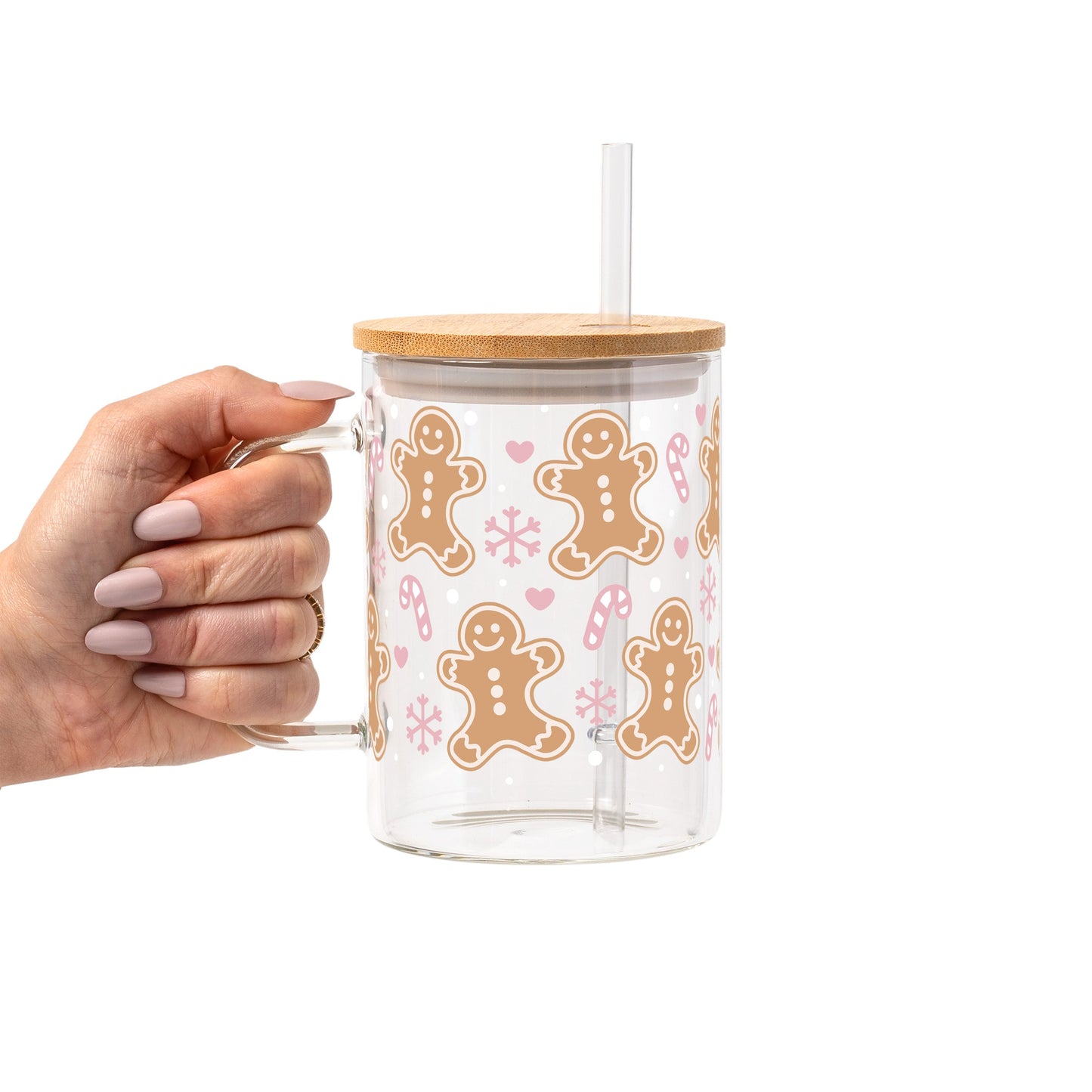 Pink Gingerbread Christmas Glass Cup, Mug & Tumbler with Lid and Straw