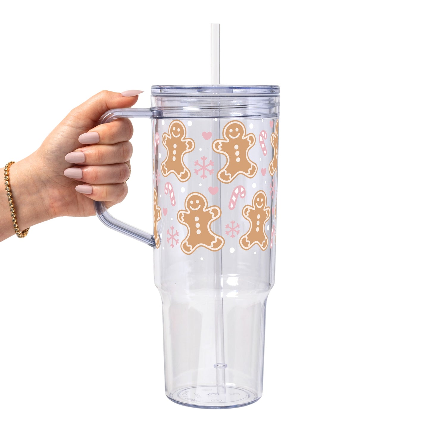Pink Gingerbread Christmas Glass Cup, Mug & Tumbler with Lid and Straw