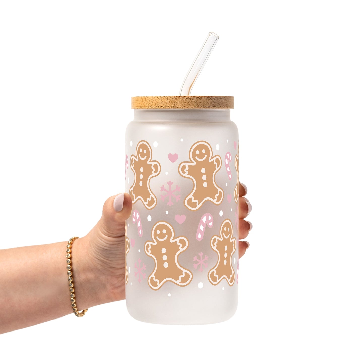Pink Gingerbread Christmas Glass Cup, Mug & Tumbler with Lid and Straw