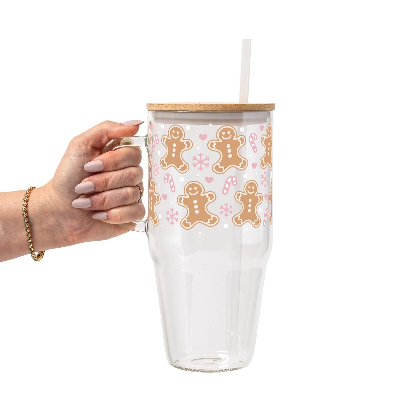 Pink Gingerbread Christmas Glass Cup, Mug & Tumbler with Lid and Straw