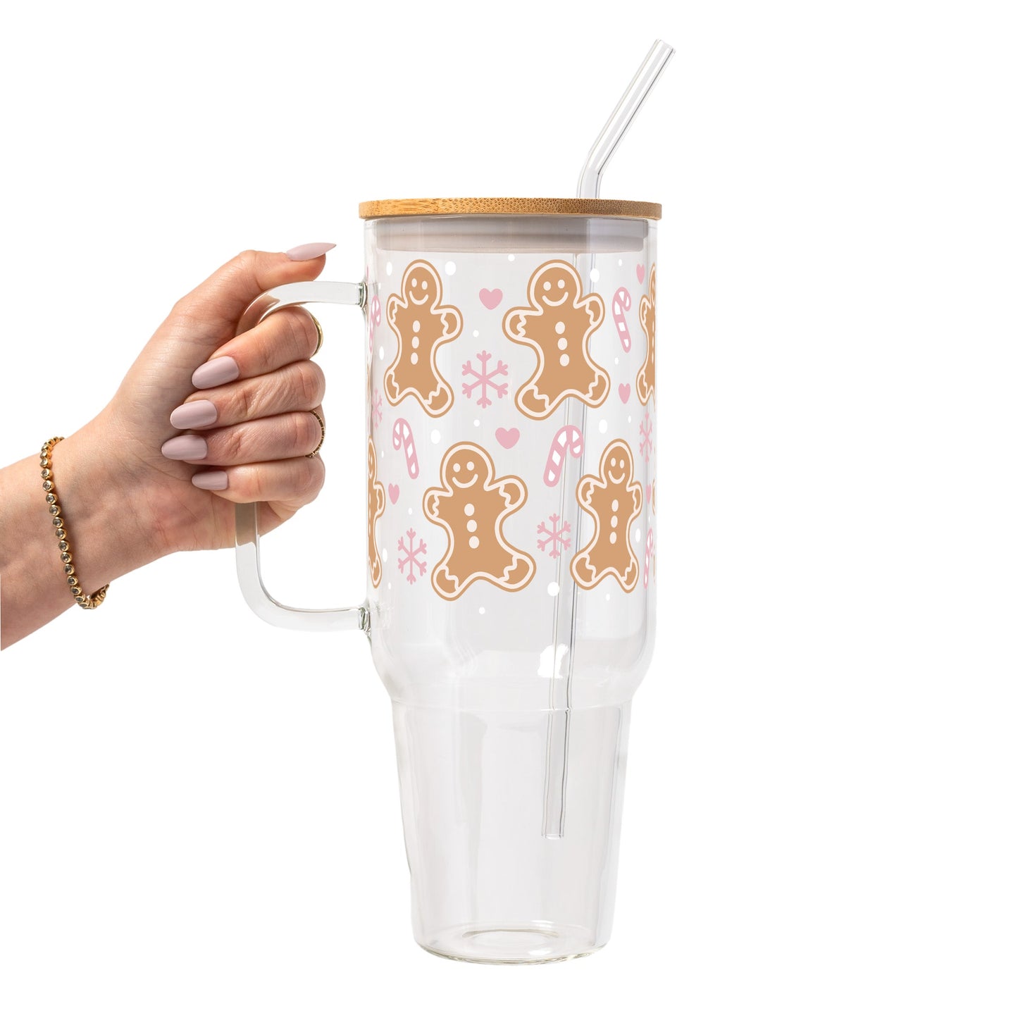 Pink Gingerbread Christmas Glass Cup, Mug & Tumbler with Lid and Straw