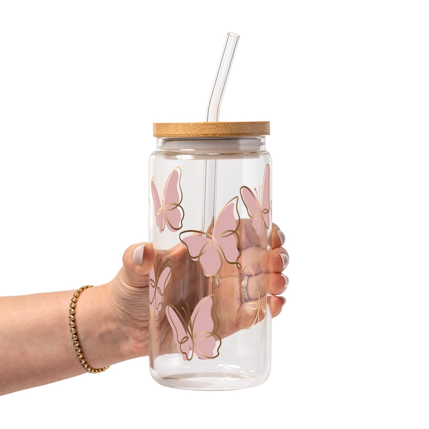Pink Butterfly Glass Cup, Mug & Tumbler with Lid and Straw