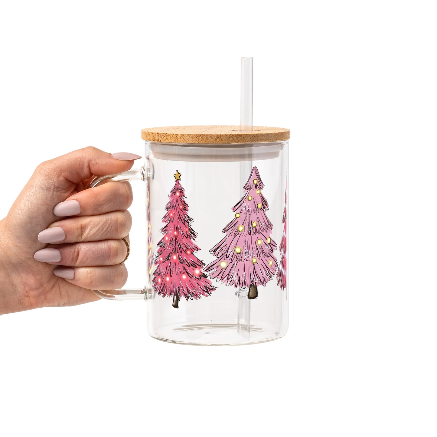 Pink Christmas Trees Glass Cup, Mug & Tumbler with Lid and Straw
