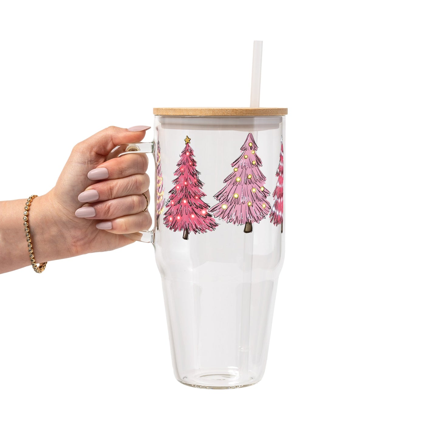 Pink Christmas Trees Glass Cup, Mug & Tumbler with Lid and Straw