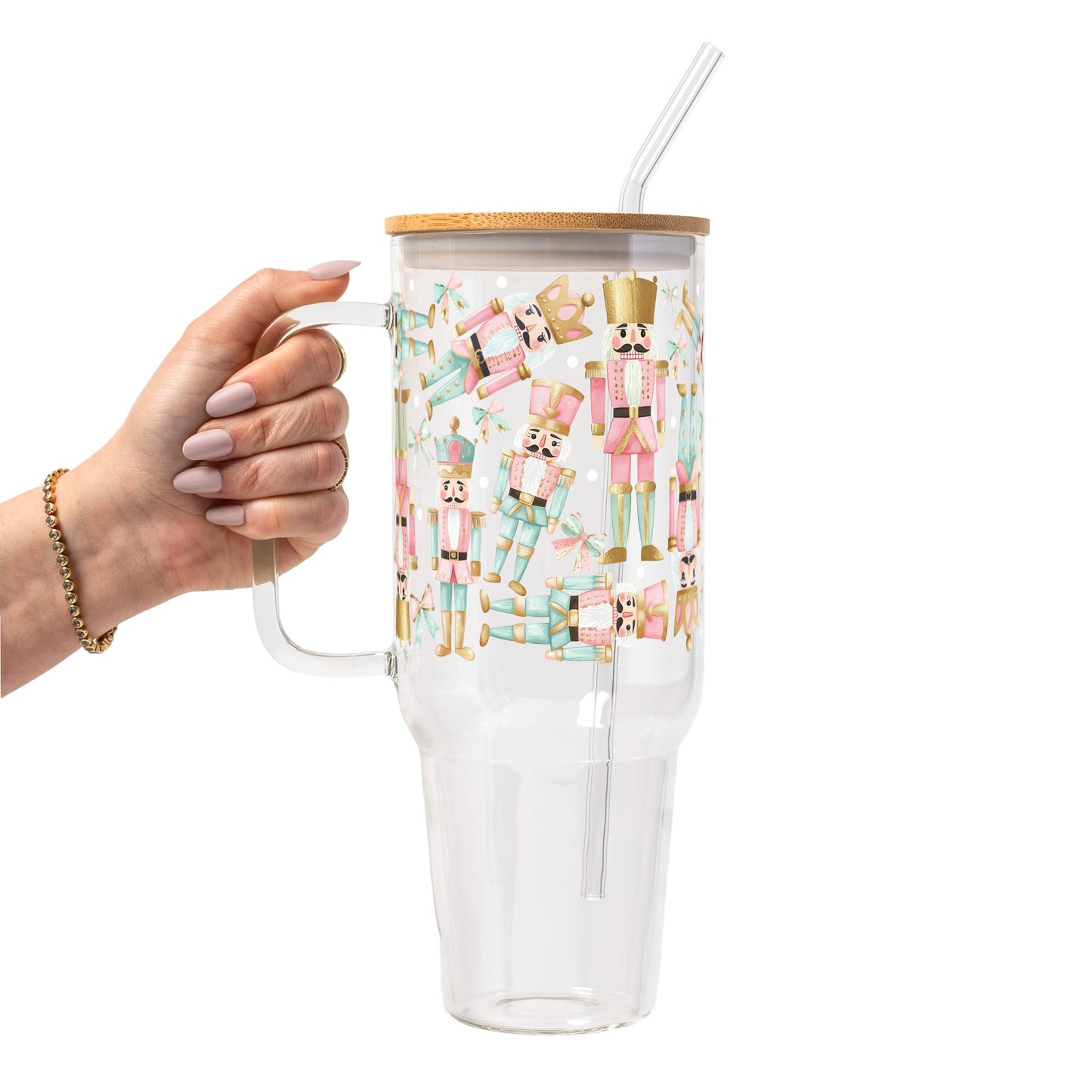 Pink Nutcracker Christmas Glass Cup, Mug & Tumbler with Lid and Straw